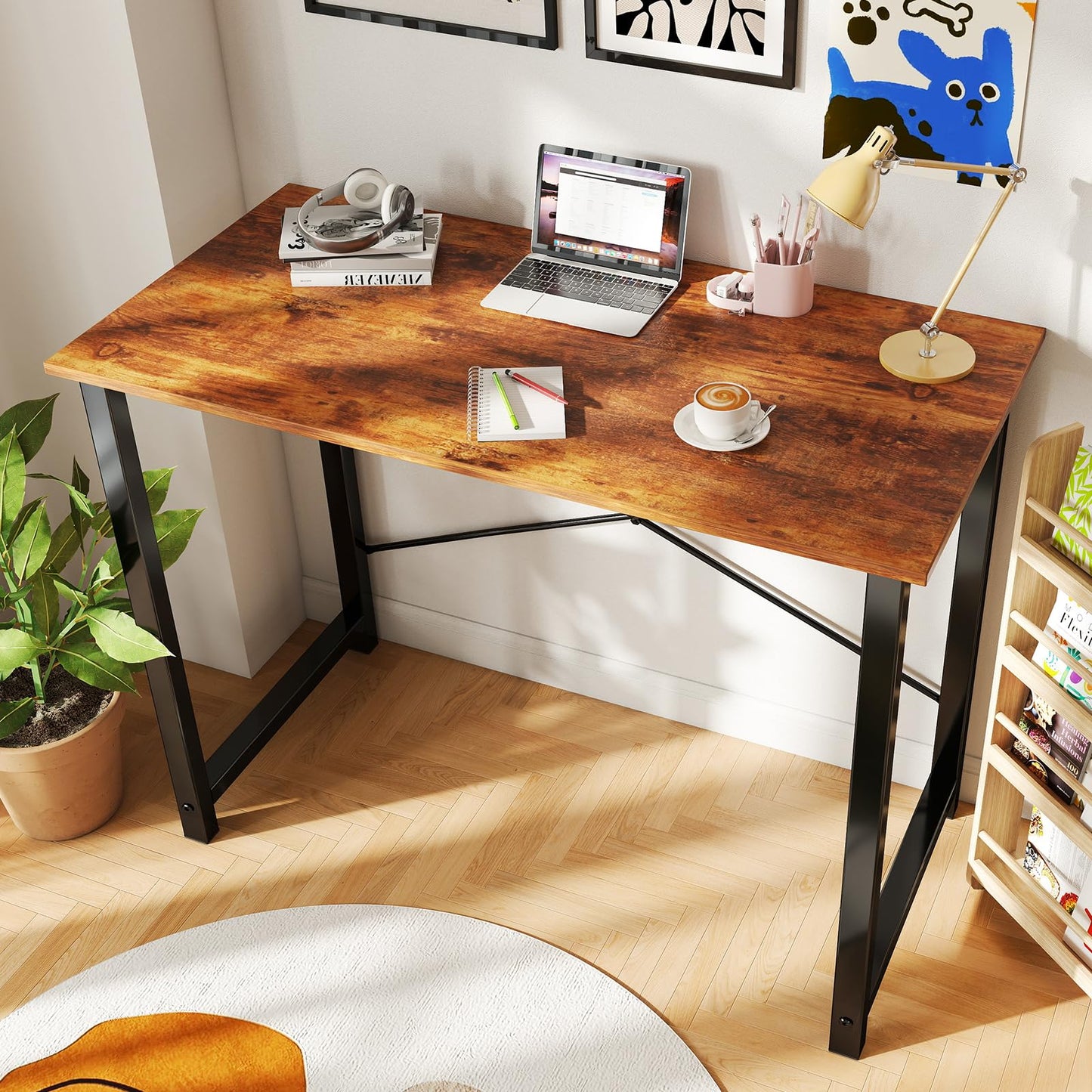 DUMOS 40 Inch Small Computer Desk Writing Gaming Study Work Desks for Bedroom Home Office with Metal Frame Simple Modern PC Table Workstation, Modern Brown