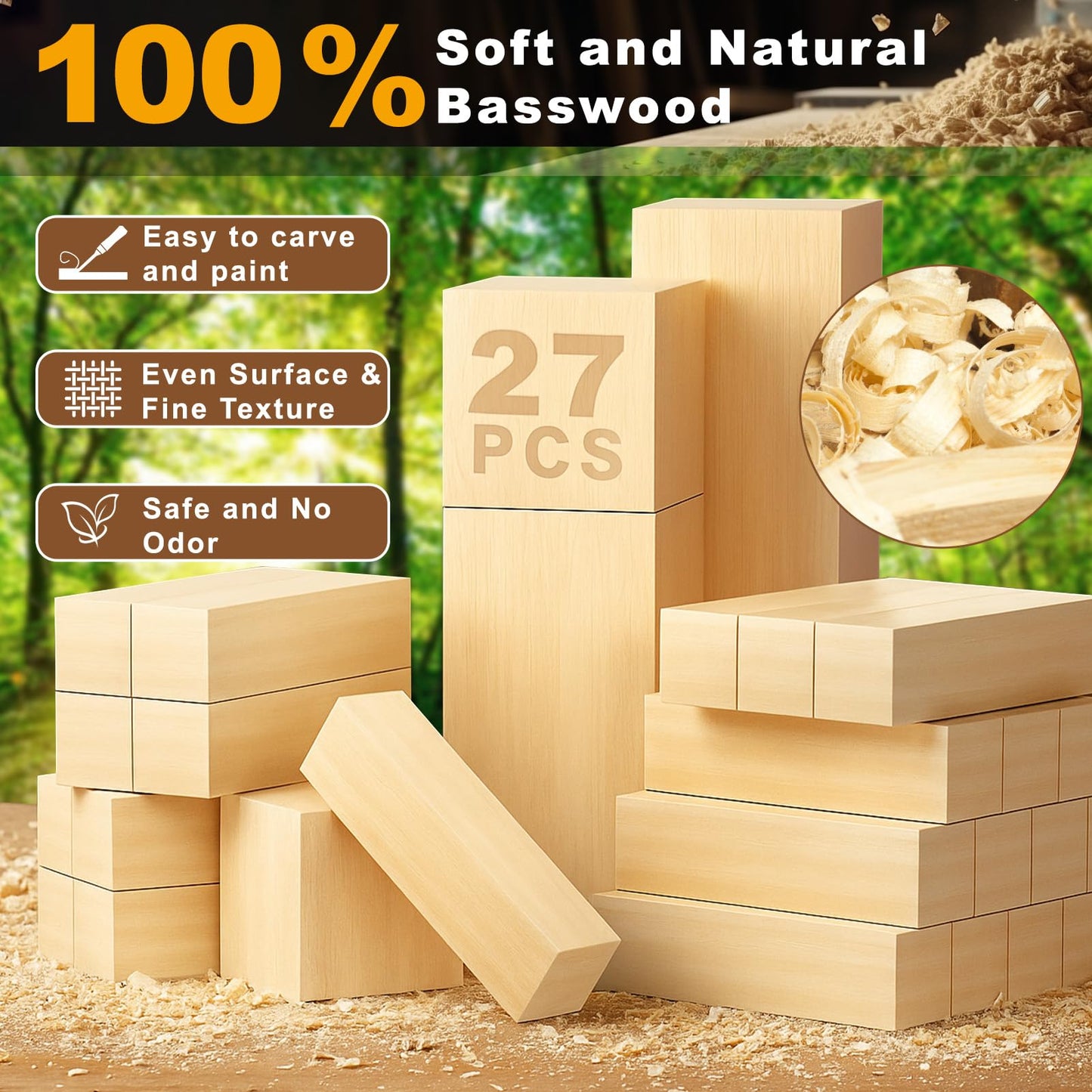 Yalumo 27 Pcs Basswood Carving Blocks, Whittling Wood Carving Kit with 3 Different Sizes and Pattern Sticker, Soft Unfinished Wooden Blocks for Crafts Beginners Adults