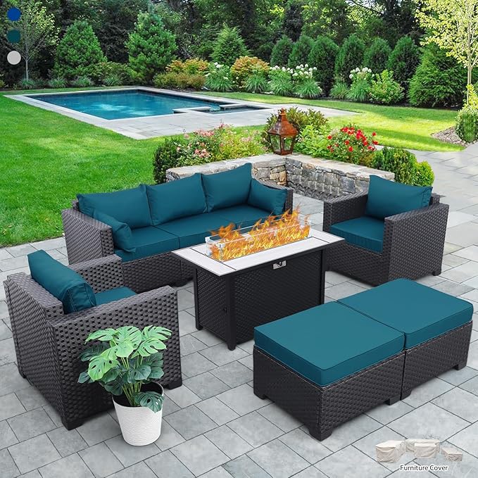 Outdoor Patio Furniture 60000 BTU Outdoor Propane Fire Pit Table Patio Furniture Set 45 In Outdoor Fire Pits 6 Pieces Patio Sofa Outdoor Chairs Anti-slip Cushions Waterproof Covers, Peacock Blue