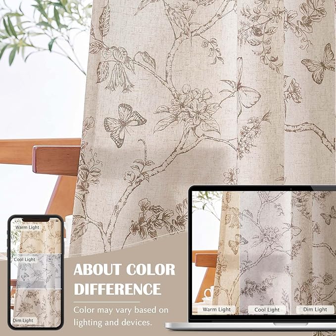 jinchan Floral Curtains Lined Linen Blend Curtain for Living Room 63 Inch Length Taupe Farmhouse Flower Patterned Curtain French Country Curtains Drapes Back Tab Rod Pocket 2 Panels