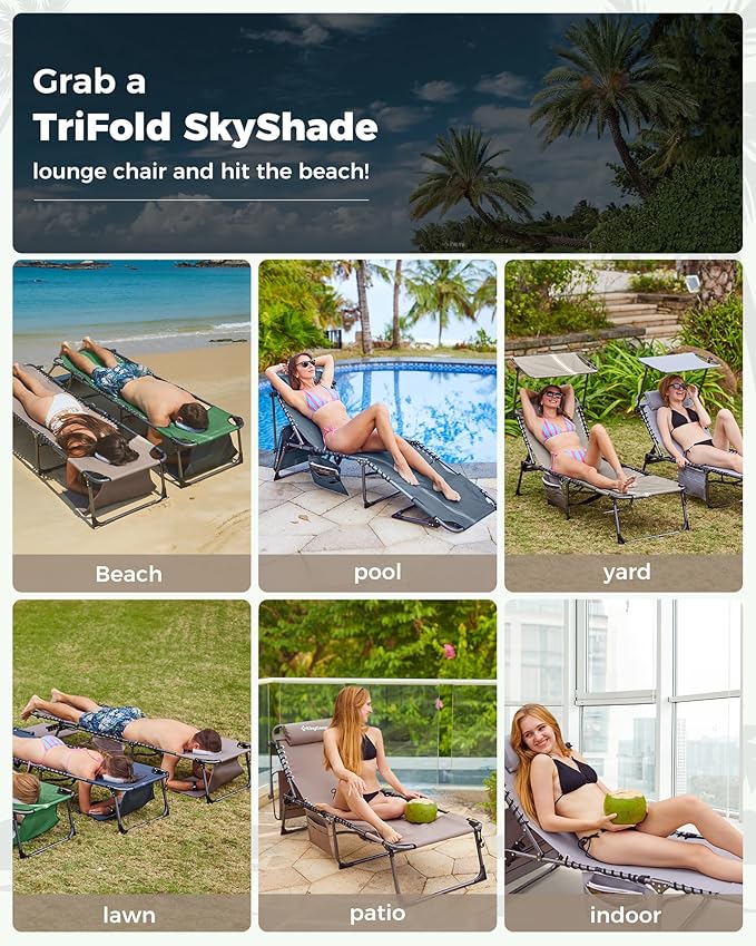 KingCamp Tanning Chair with Face Hole, Lounge Chairs Outdoor Folding Comfy Adjustable 5-Position Foldable Chaise Chaser with Canopy Shade for Outside Beach Patio Sun Bathing Pool, Beige/White