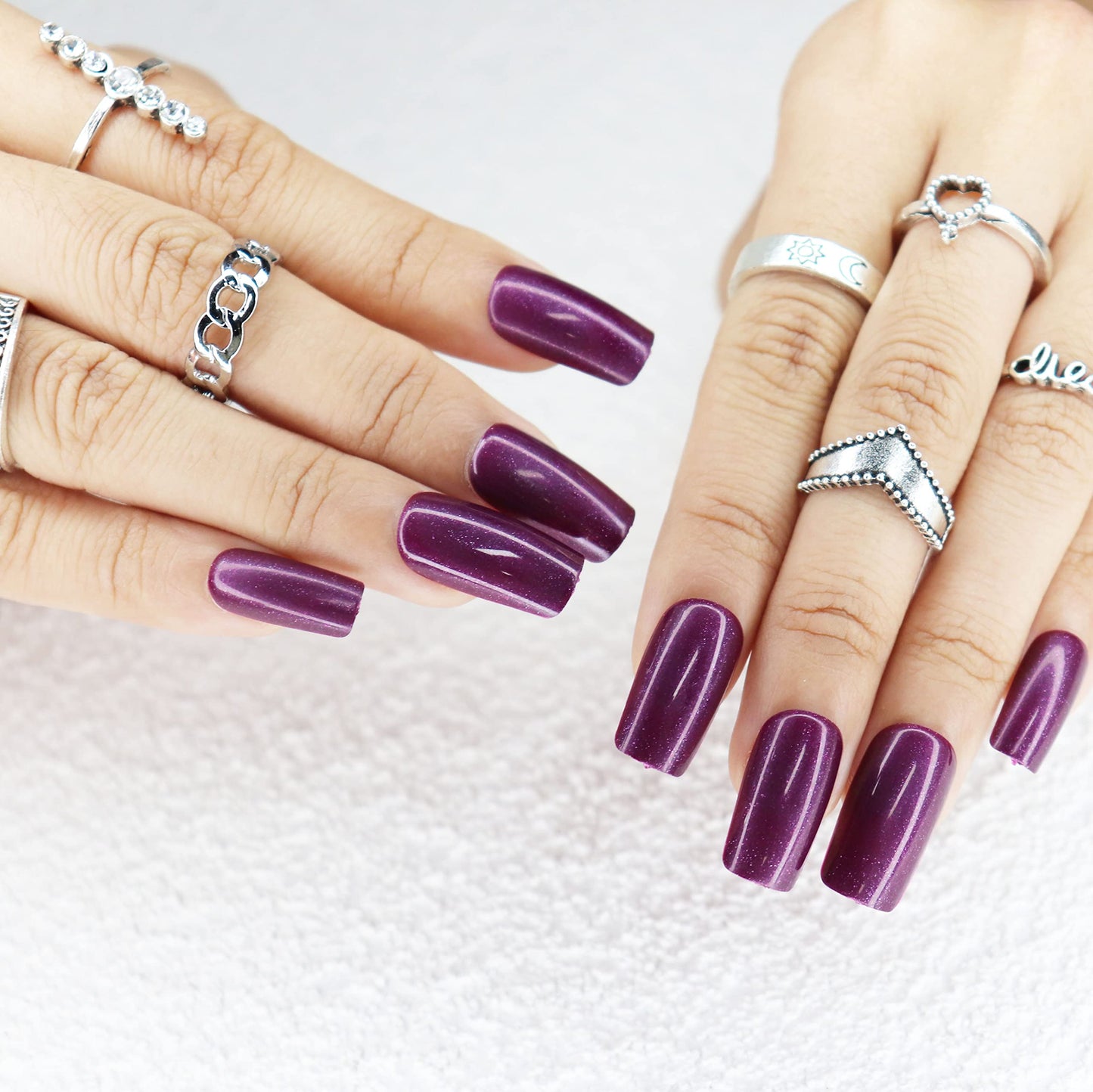 MISUD Press on Nails - Medium Square Fake Nails with Chrome, Acrylic Purple Design 24 pcs