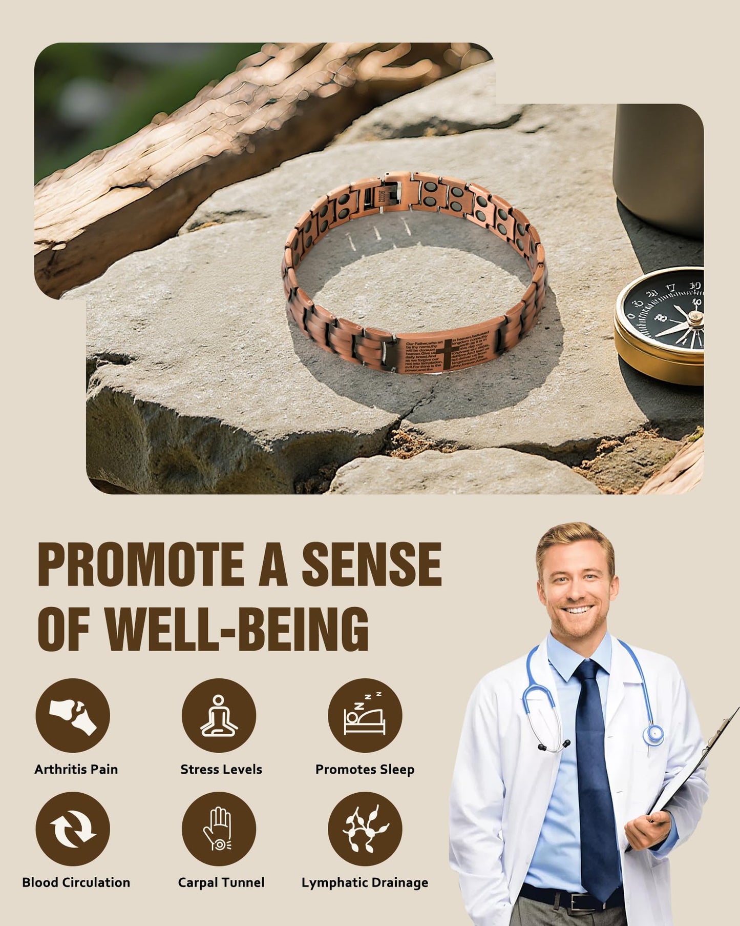 Jecanori Copper Cross Bracelet for Men, 2X Strength Magnetic Bracelets for Men, Adjustable Copper Jewelry with Sizing Tool