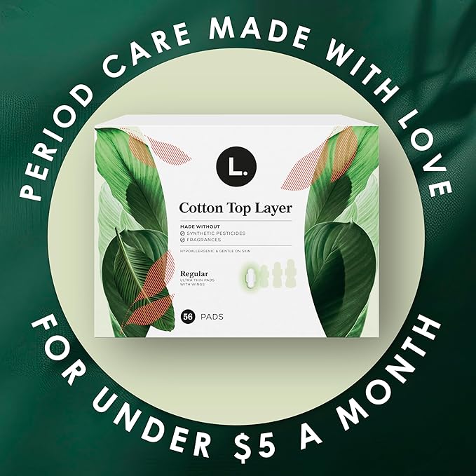 L. Ultra Thin Pads for Women, Regular Absorbency, Organic Cotton Top Layer, Unscented Pads with Wings, 112 CT
