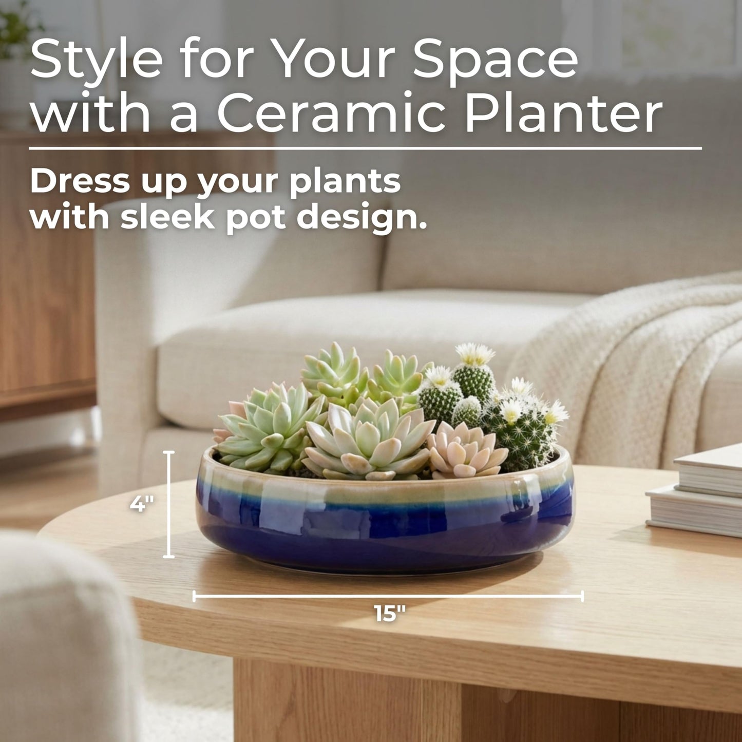 Ceramic Planters Bowl Pot – Planters for Succulents and Small Plants, Indoor Planter for Table, Shelf, or Desk, Wide, Low Profile Design-Forward Home Decor Accent – 4", Blue and White