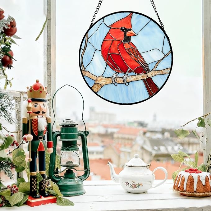 Stained Glass Window Hanging Cardinal Birds Large 15" - Suncatcher Door Garden Sun Catcher Home Decor Christmas Birthday for Bird Lovers Woman Her Nana Wife Men Mom