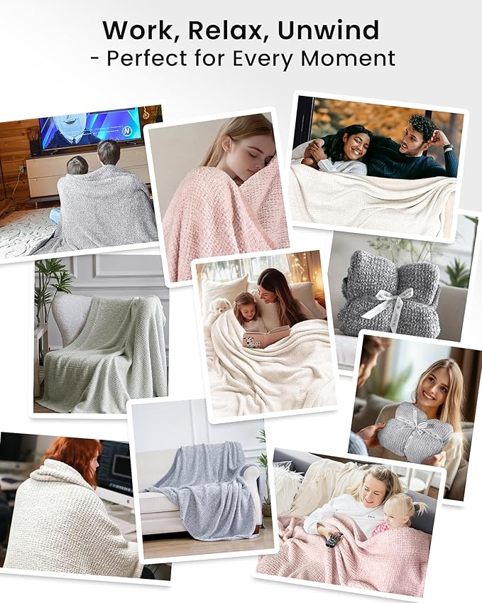 Super Soft Throw Blanket 50 x 60 Inches, Half-Side Plush Fuzzy Blanket for Couch, Sofa, Bed & Chair, Warm Cozy Lightweight Knit Blanket for Fall & Winter