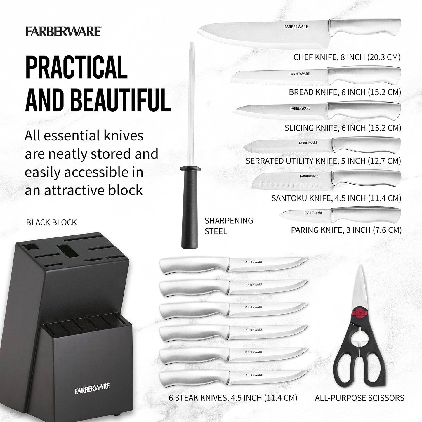 Farberware 15-Piece Kitchen Knife Set, High-Carbon Stainless Steel Blades with Wood Block, Steak Knives, Sharpening Tool & All-Purpose Shears, Razor Sharp, Ergonomic Stainless Steel Handles