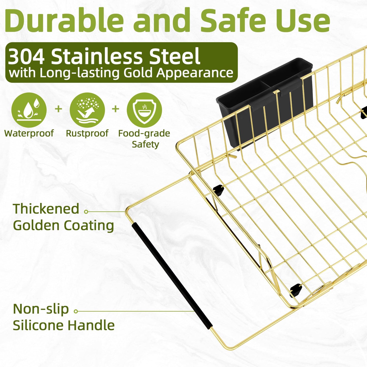HAYAWEY Golden Expandable Dish Drying Rack-Extra Large Stainless Steel Dish Drainer Over The Sink for Kitchen Countertop with Utensil Holder, Applicable for Sink Width 16'-22' (Gold,23.2'*12.2')