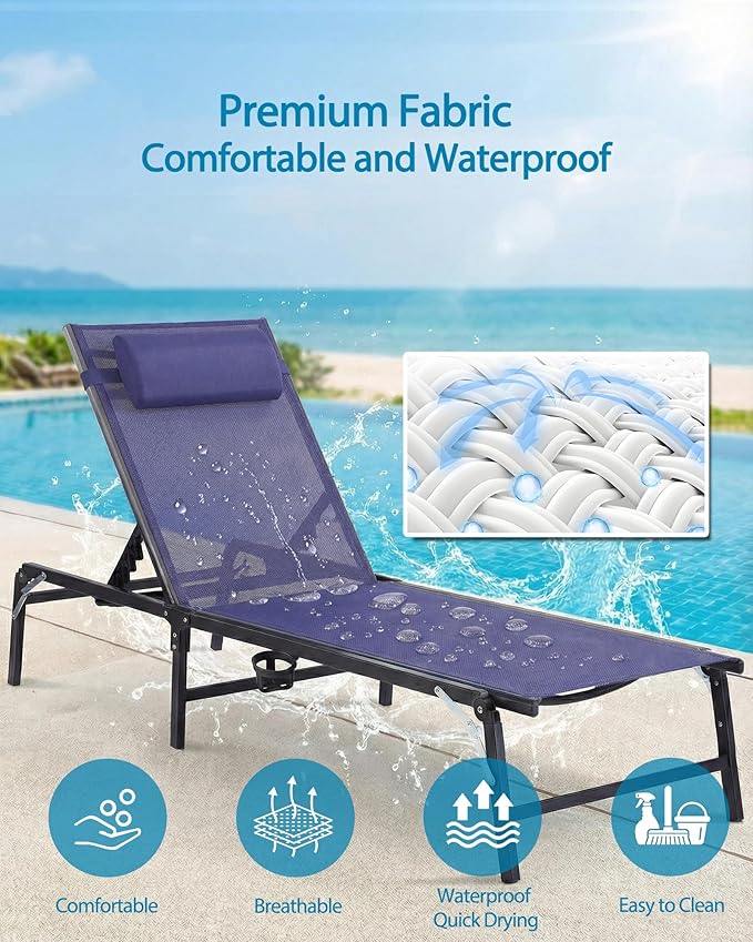 2 Pack Foldable Chaise Lounge Chair with Cup Holder, Assemble-Free Outdoor Lounge Chair with Detachable Pillow and 6 Adjustable Backrest, Patio Lounge Chair for Outside Poolside Beach Pool, Blue
