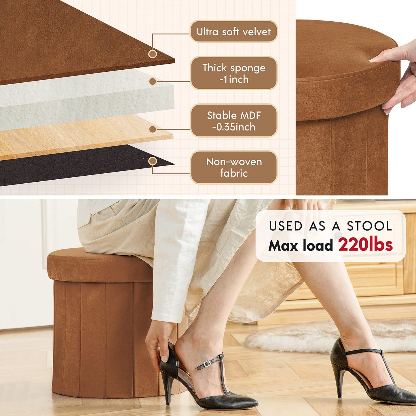 Phantoscope Storage Ottoman Round15 Inch, Velvet Folding Storage Boxes Footrest Foot Ottoman Toy Box, Padded Seat for Dorm Living Room Bedroom, Support 220lbs Brown