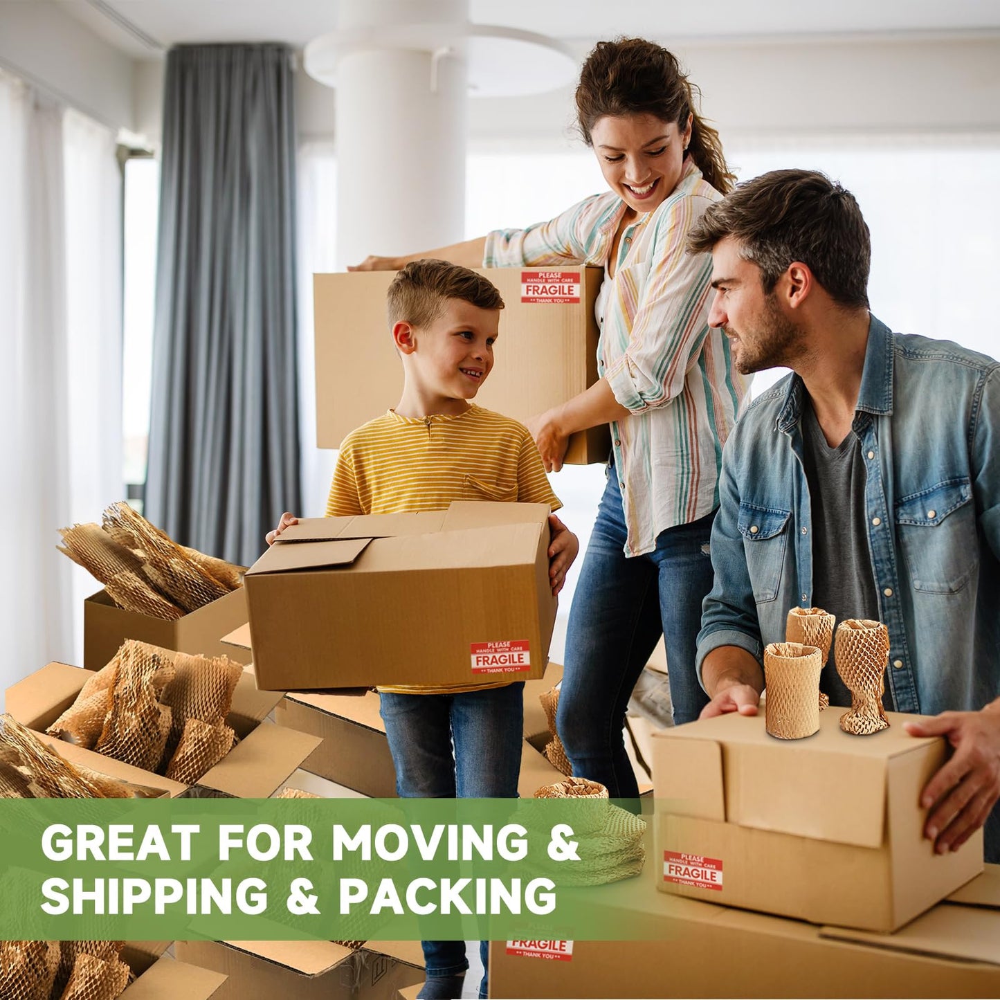 NAPALOOK Honeycomb Packing Paper Wrap 15''x328', Substitute Alternative for Bubble Cushioning Wrap for Moving Shipping Packaging, Recyclable Moving Supplies with 48 Fragile Sticker Labels