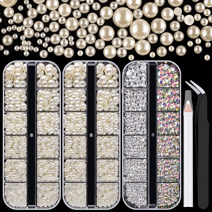 4000PCS Flatback Rhinestones and Half Round Pearls Kit #11, Multi Size Glass Clear & AB Crystals, Plastic Flat Back Beige Dome Bead with Pickup Pencil and Tweezer for Nail Art