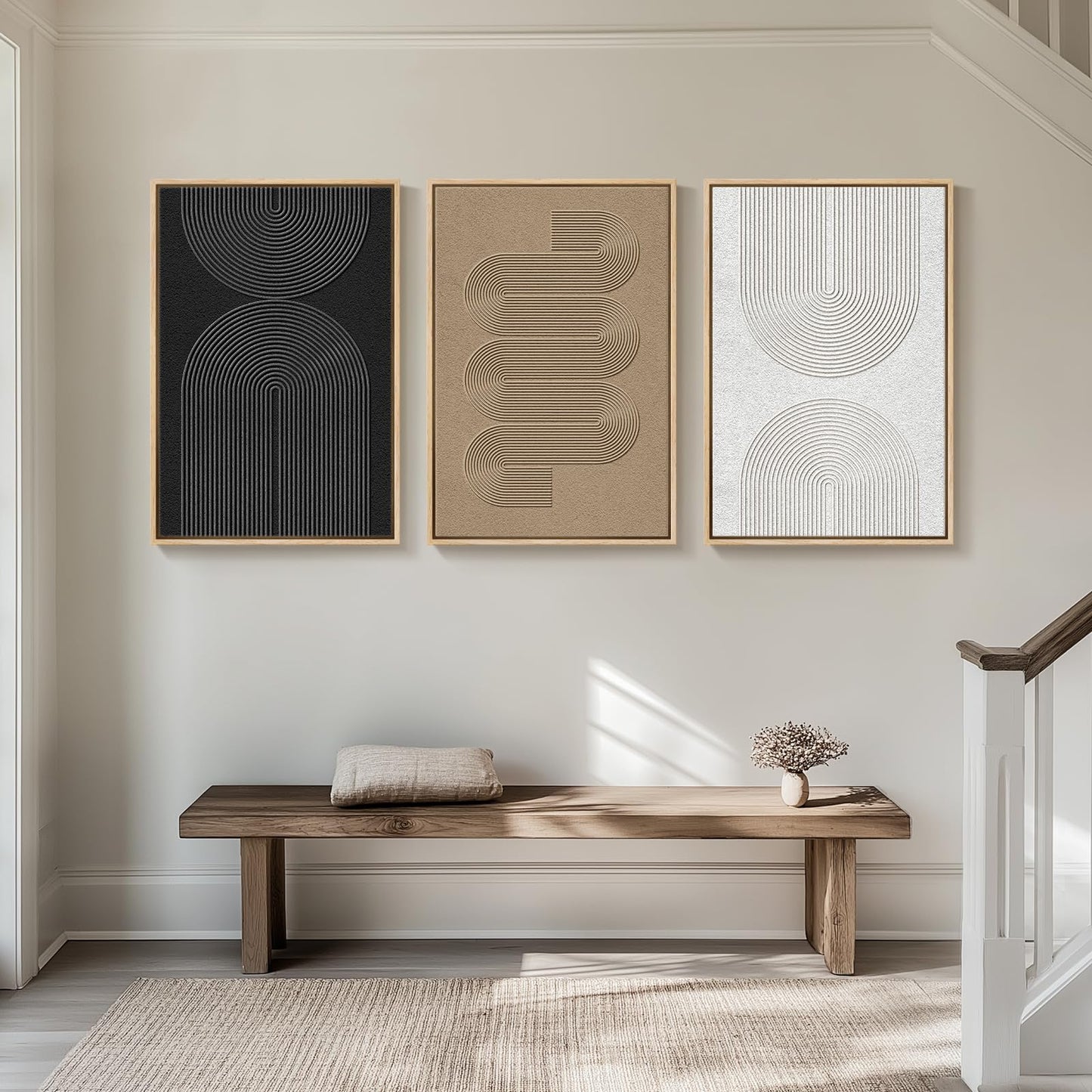 Large Framed Boho Modern Neutral Abstract Wall Art for Living Room, 3 Piece Black and White Canvas Prints Paintings Artwork for Walls, Geometric Pictures for Office Bedroom Dining Room Decor, 24x36 In