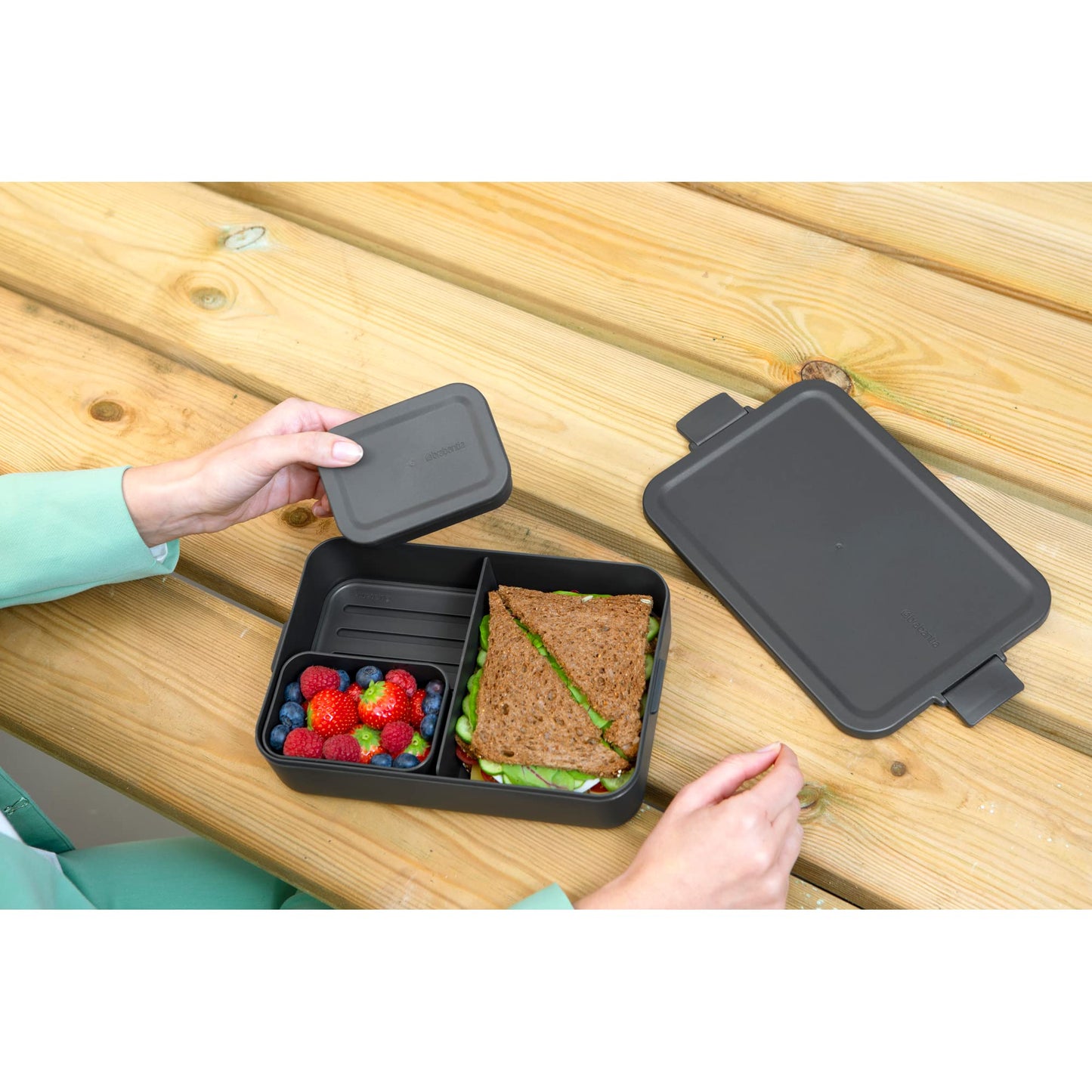 Brabantia Make & Take Bento Lunch Box (Dark Gray) 2 Compartments & Lidded Pot, Lift-Out Tray Divider, BPA-Free, Airtight Snap Locks, Microwave & Freezer Safe, Travel Meal Prep Container