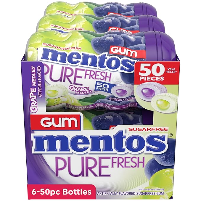 Mentos Pure Fresh Sugar-Free Chewing Gum with Xylitol, Grape Medley, 50 Piece Bottle (Bulk Pack of 6)