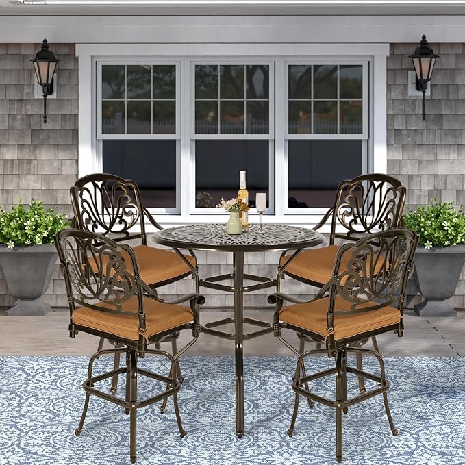 VIVIJASON 5-Piece Patio Swivel Bar Stools Set, All Weather Cast Aluminum Outdoor Bar Height Bistro Set with 4 Cushioned Bar Chairs & 35.4" High Bar Table w/Umbrella Hole for Backyard, Lawn, Garden