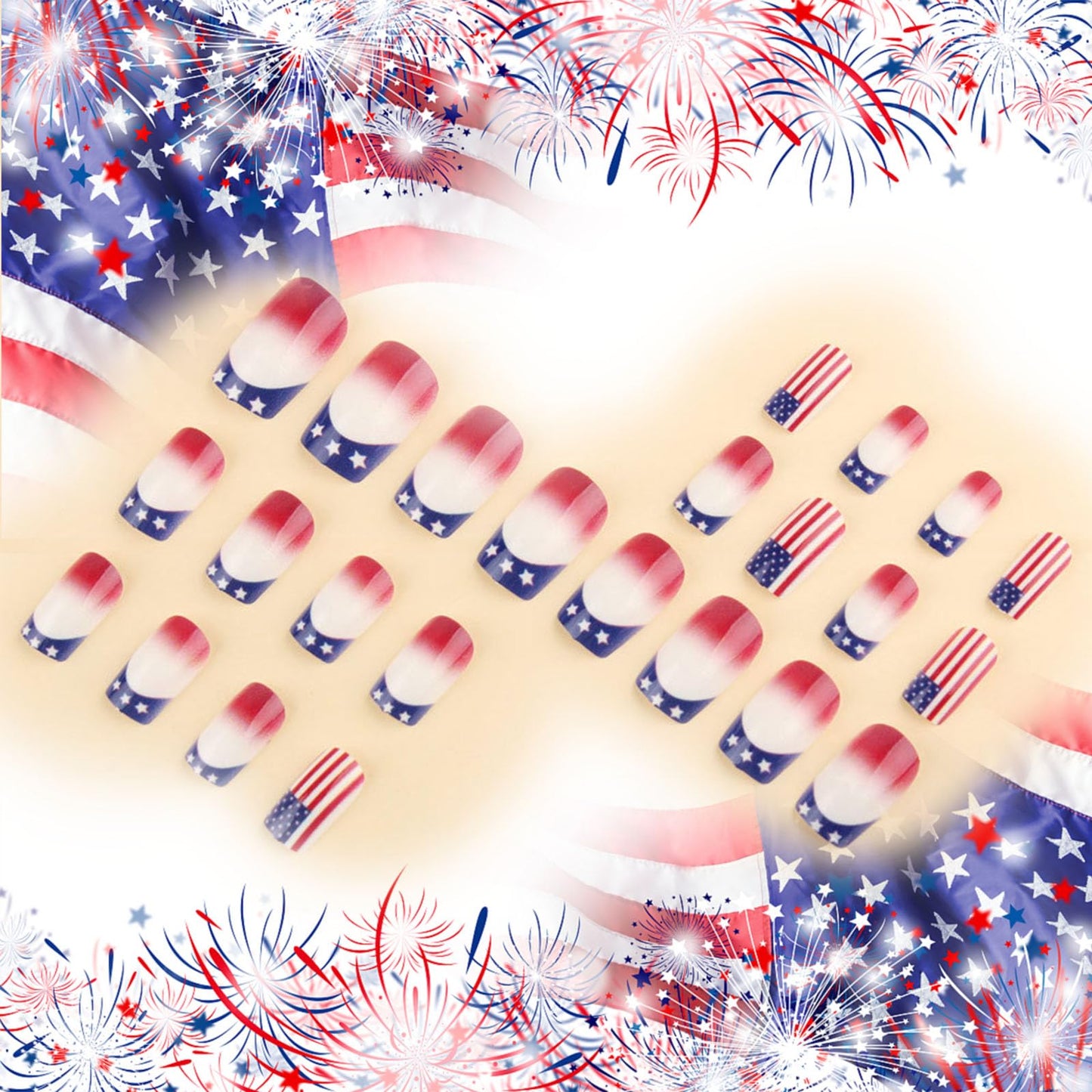 4th of July Press on Nails Glossy Blue French Tips Glue on Artificial Fingernails American Flag Fake Nails 24 Pcs Independence Day Acrylic False Nail HZJXRT Medium Square Stick on Nail for Women Gift
