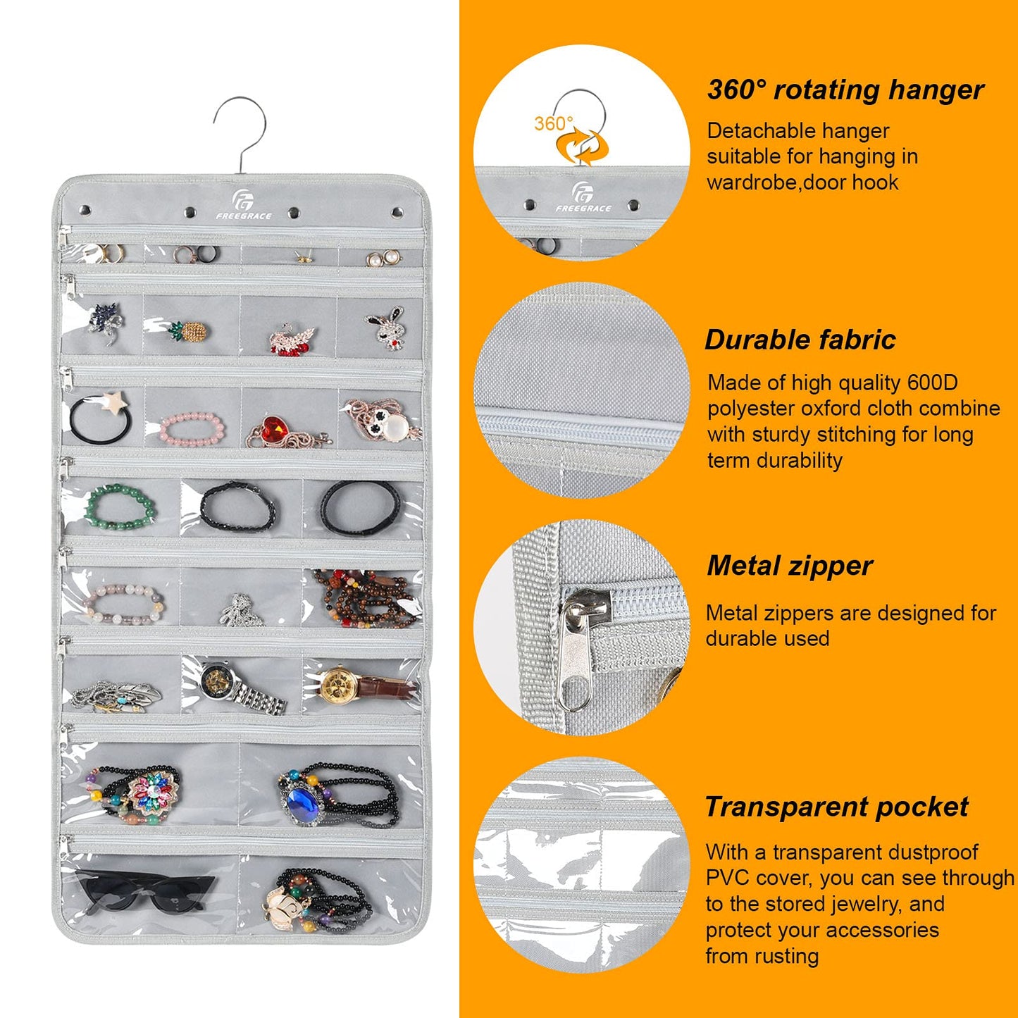 Freegrace Hanging Jewelry Organizer with Secure Zipper Closure - 360° Revolving Hanger, 25 Clear Pockets, 23 Necklace Hooks - Foldable Travel Storage & Closet Display (Gray)