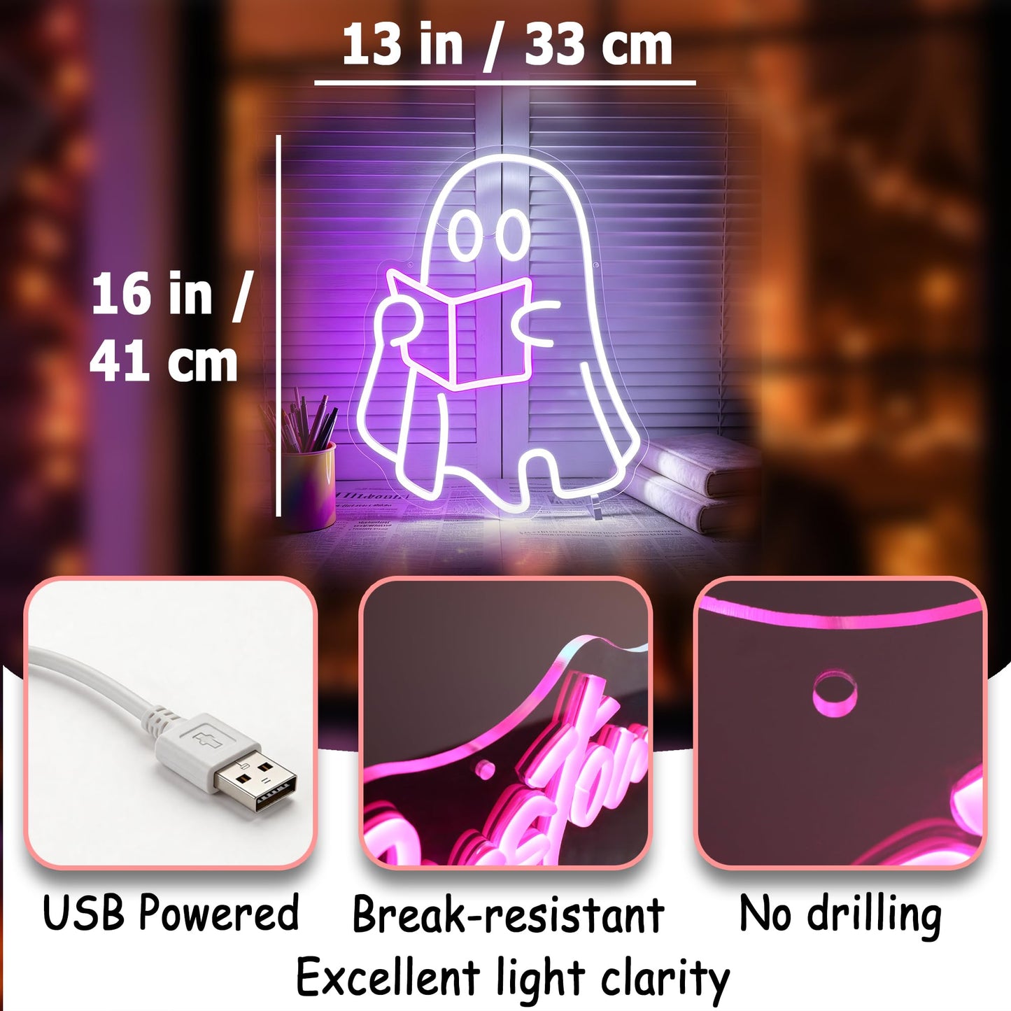 Ghost Read Book Neon Sign Led Neon Lights Signs for Wall Decor USB Powered Led for Room Decoration Home Bar Game Room Party Decor