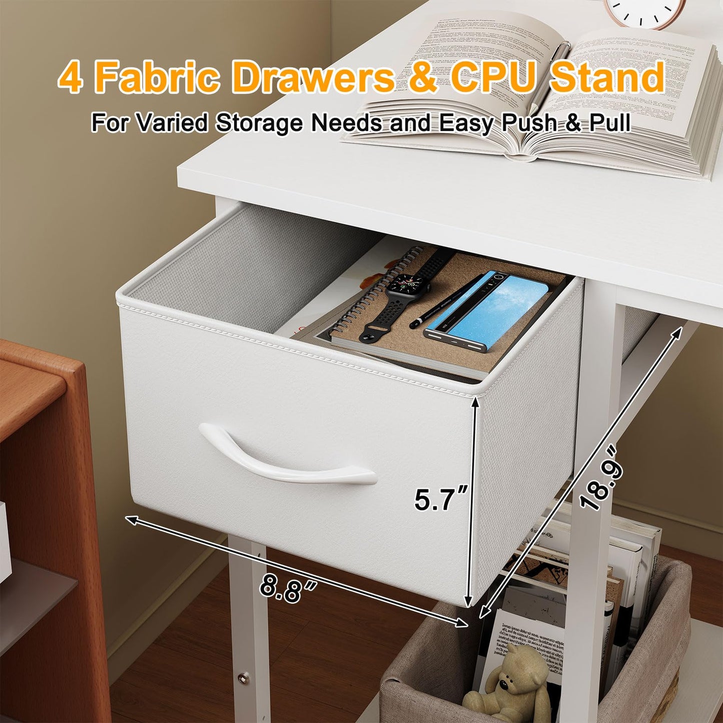 Grandder Computer Desk with 4 Drawers, 47 Inch Office Table with Storage, Gaming with CPU Shelves, Writing Desk Workstation for Home Office, Study, Bedroom, Work from Home, White