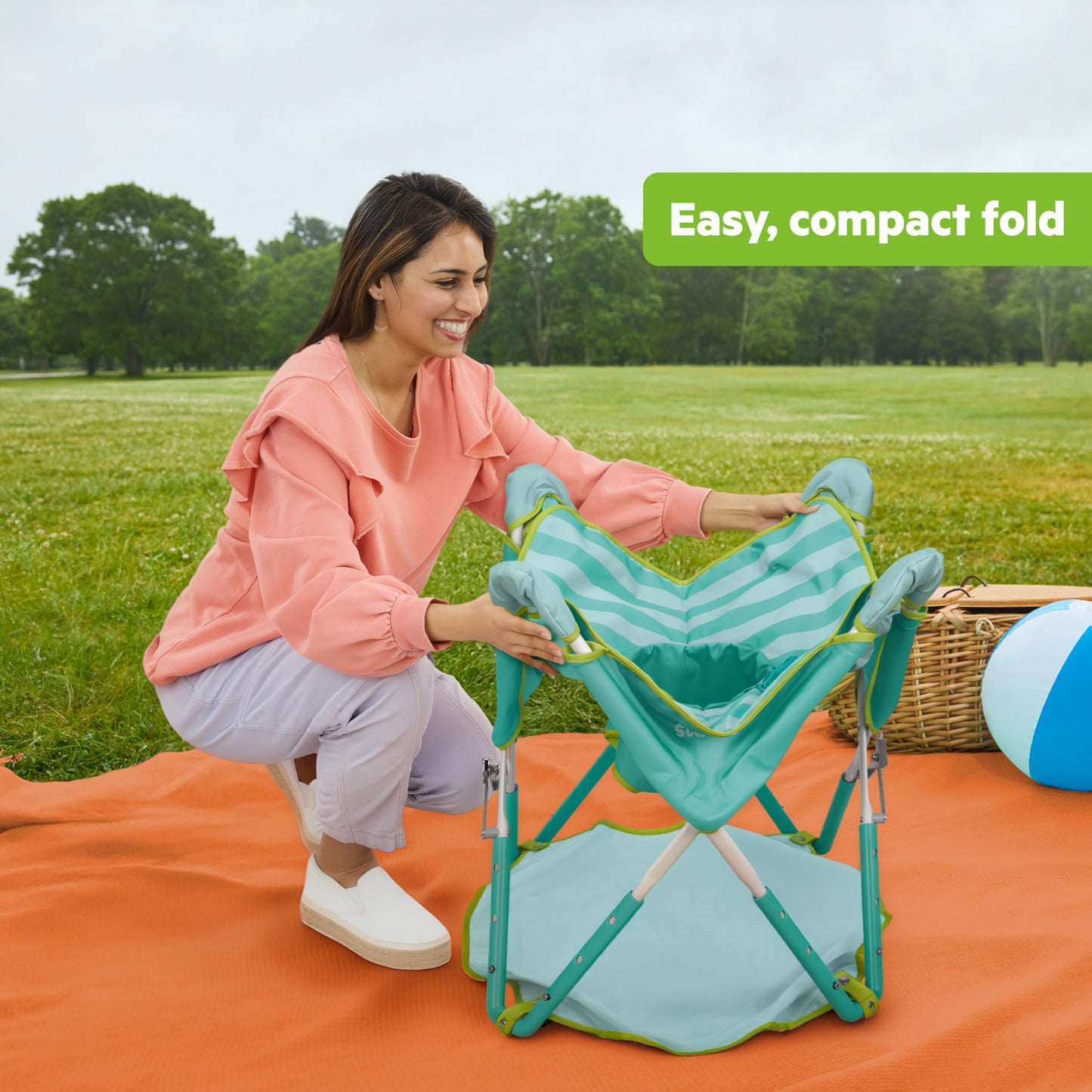 Bright Starts Pop 'N Jump Portable Baby Activity Center, Indoor Outdoor Use, Lightweight, Carrying Bag, Canopy, 6-12 Months - Sky Stripes Blue