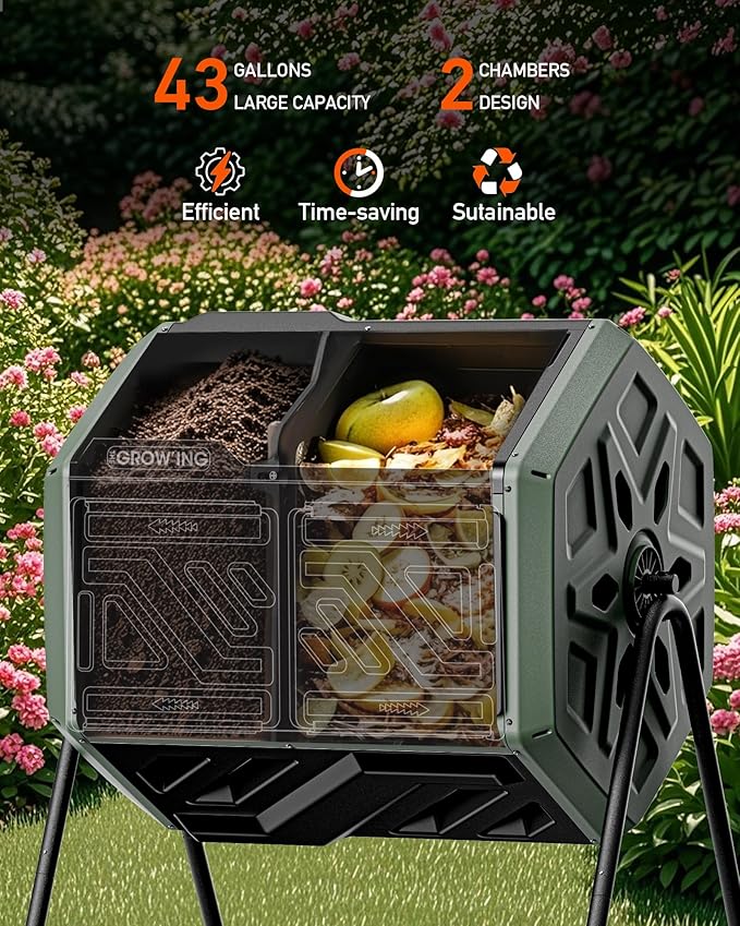 THEGROW'ING Updated 43 Gallon Compost Bin Outdoor, Fast Assemble Tumbling Composter, Dual Chamber Composter Tumbler, Rotating Compost Bin for Outside, Backyard, Garden and Yard, Green