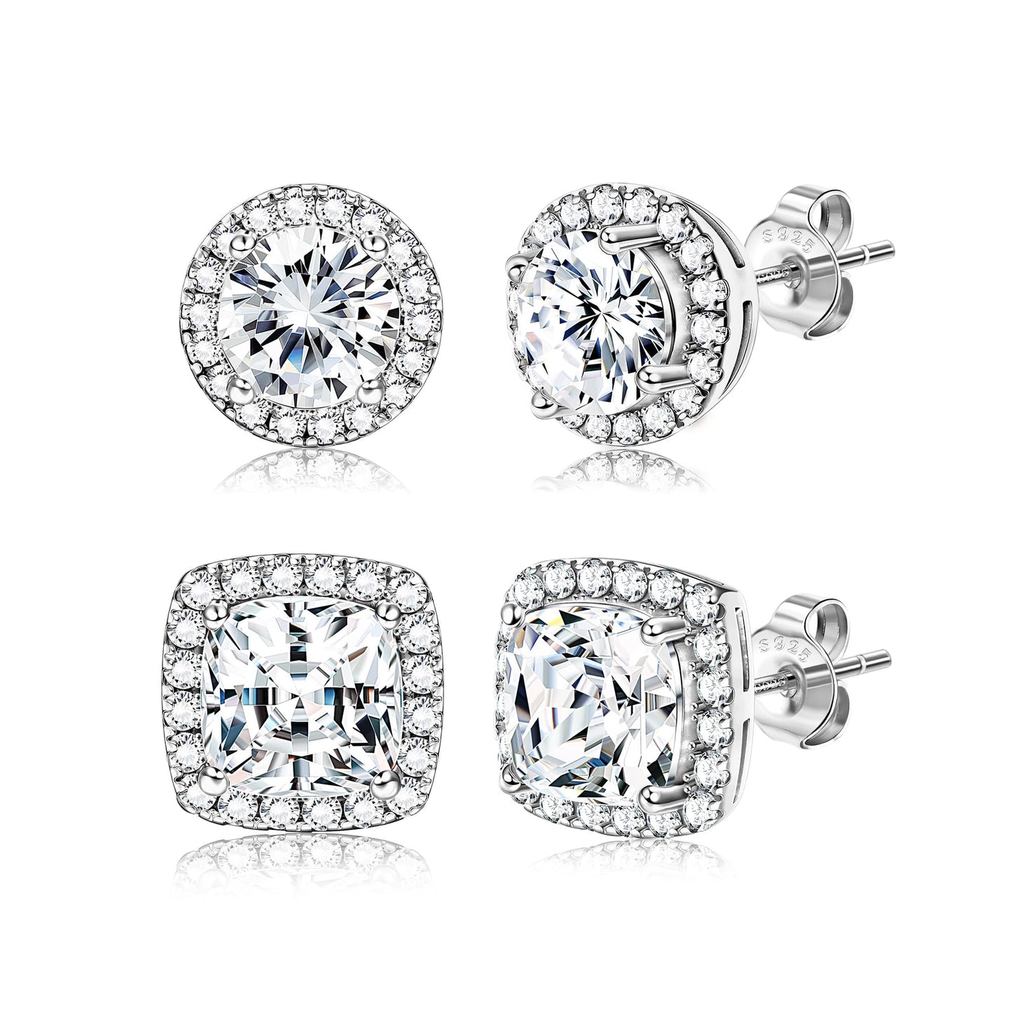Hayoso 18K Gold Plated Halo Stud Earrings 925 Sterling Silver Cubic Zirconia Stud Earrings Round Square Diamonique Stud Earrings Set for Women Men - Silver