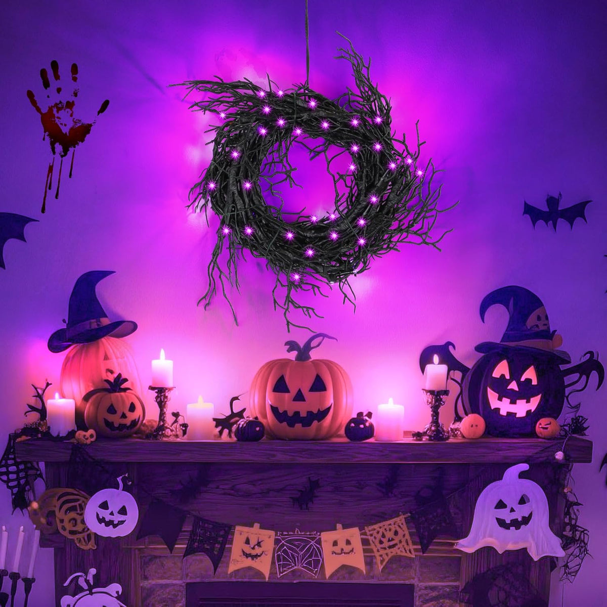 6 Ft 45 LED Willow Vine Twig Decor Black Halloween Garland with Purple Lights, Timer 8 Modes Waterproof Battery Operated Indoor Halloween Decorations for Wall Fireplace Mantle Home Office Party Decor