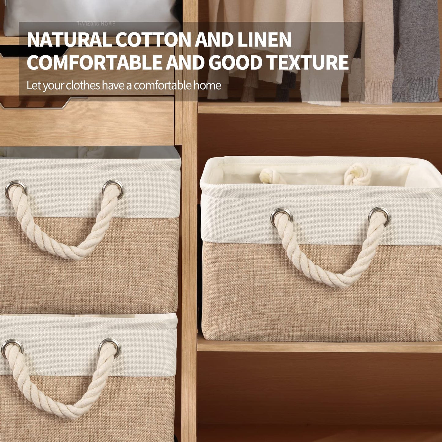 8 Pack Storage Basket Bins - Decorative Baskets Bulk Storage Box Cubes Containers with Handles for Clothes Storage Bathroom, Garage, Books, Home, Office, 13.7L x 9.8W x 6.7H (White&beige)