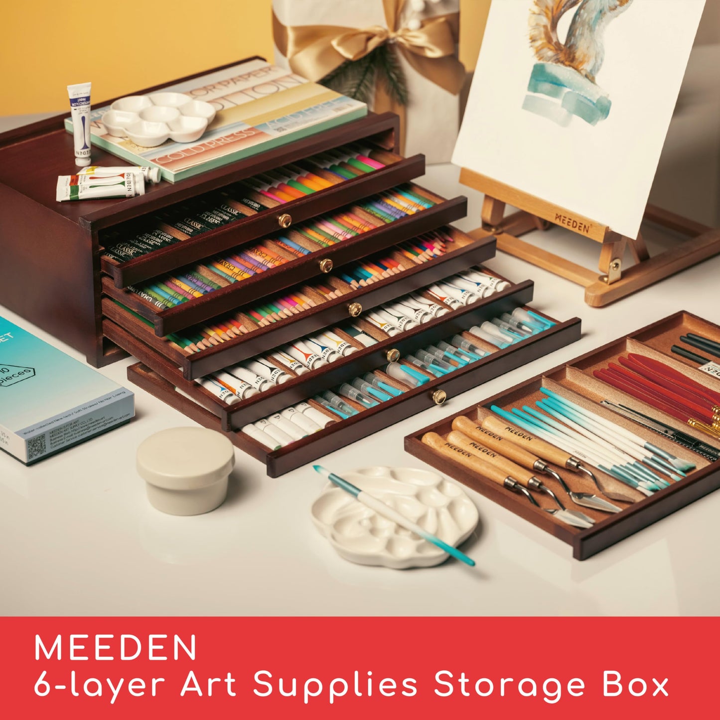 MEEDEN 6-drawer Wood Artist Supply Storage Box, Portable Beechwood Multifunctional Pencil Brush Organizer Wood Box with Drawer&Compartments for Pastels, Pencils, Pens, Makeup Brushes(Deep Walnut)