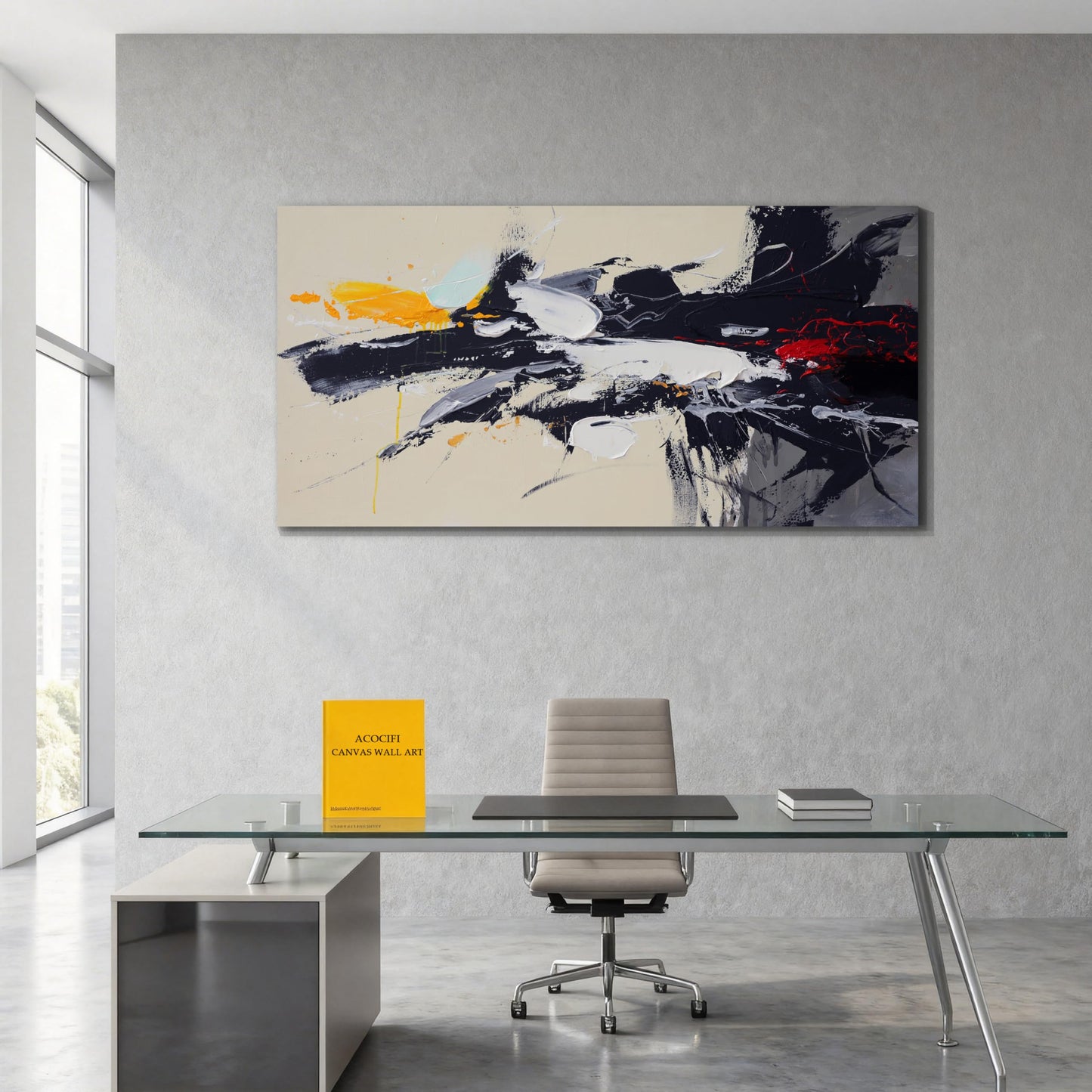 Acocifi Large Graffiti Abstract Canvas Wall Art 58''x29'', Living Room Hallway Wall Decor, Textured Modern Black and White Painting, Neutral Beige Picture, Artwork Framed for Bedroom Home Office