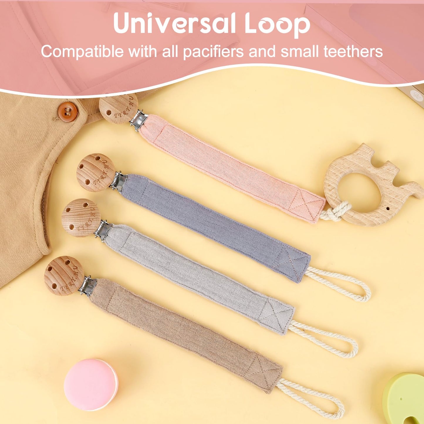 TYRY.HU Ribbon Pacifier Clip Holder,4 Pack Binky Paci Holder Clips, Pacifier Leash for Boys and Girls,Fabric Pacifier Strap Universal Fits for Most Pacifier, Styles & Teethers(Khaki,Grey,Blue,Pink)