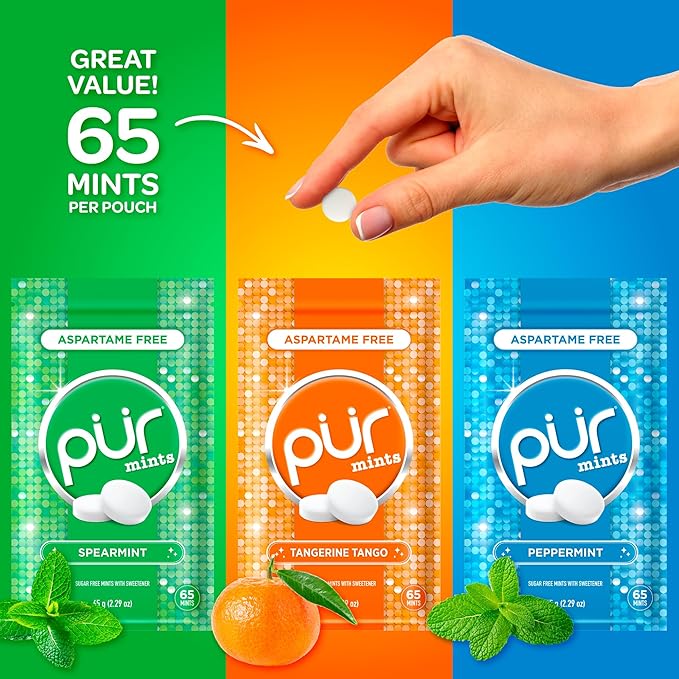 PUR Mints | Aspartame Free Breath Mints | Made with Xylitol | Sugar Free, Vegan, Gluten Free | Natural Flavor, Variety Pack | 65 Pieces in Re-Sealable pouch (Pack of 3)