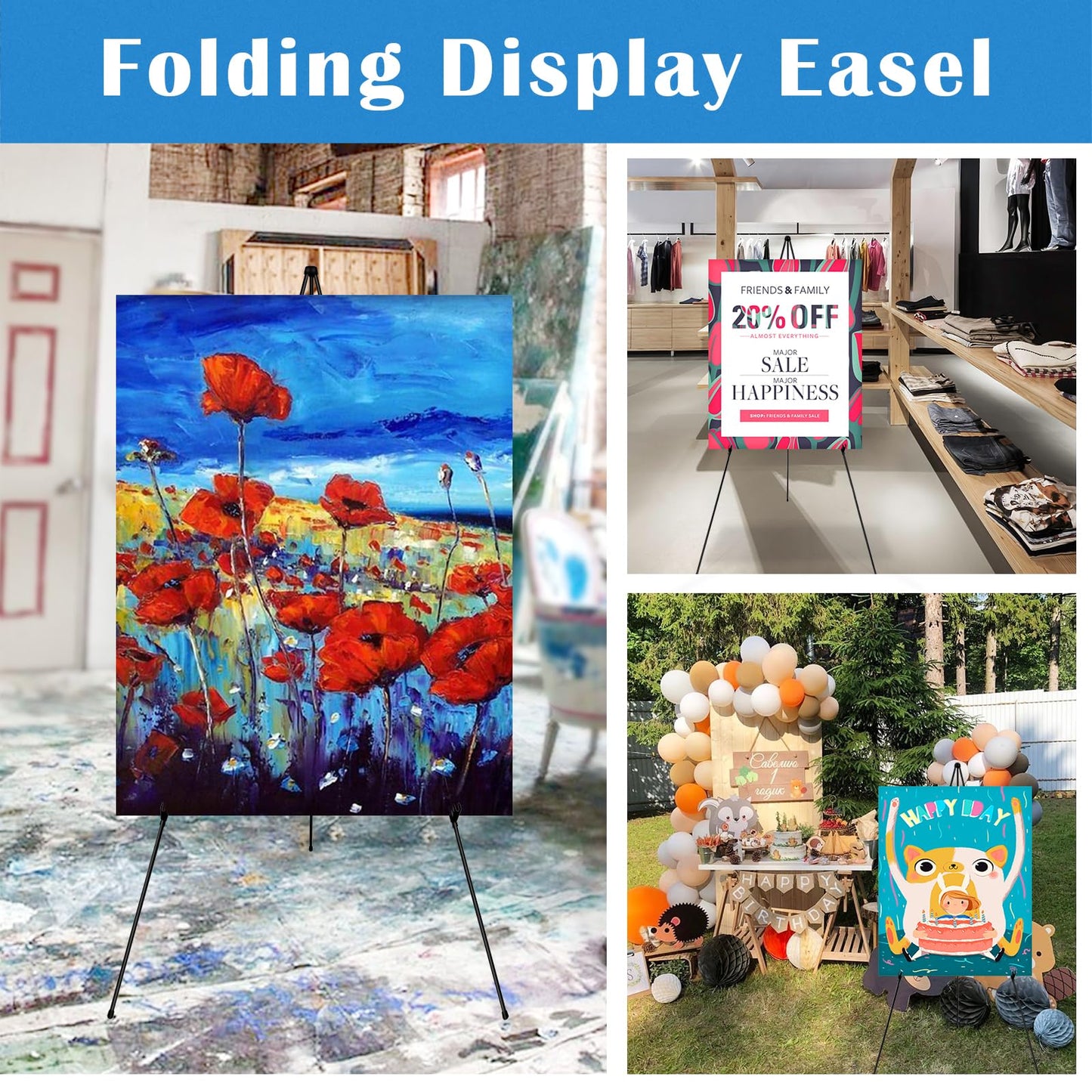 Falling in Art Display Easel Stand, 6 Pack 63" Instant Adjustable Poster Easel, Easy Folding Portable Tripod Stand for Signs, Posters, Wedding, Holds 5 lbs