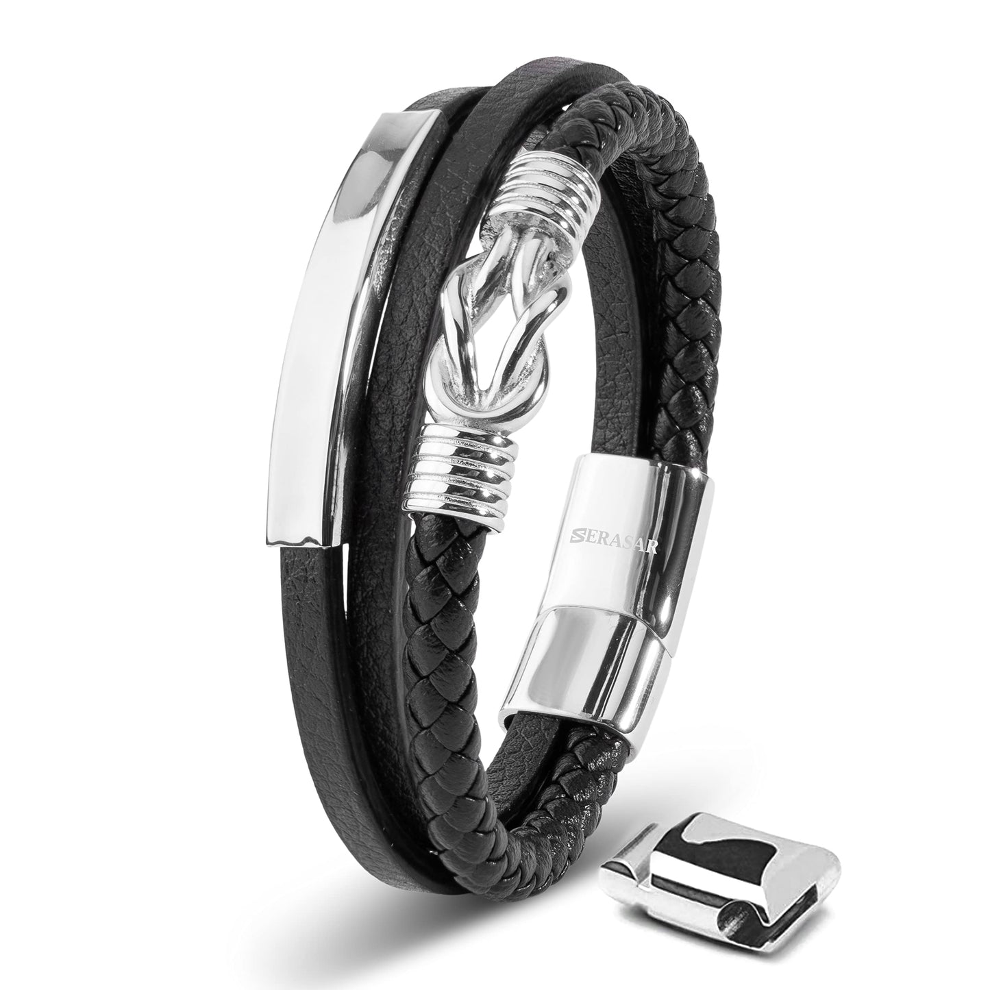 SERASAR Mens Silver Bracelets 23cm Bracelet Men Gift Box Genuine Leather Cowhide Braided Magnetic Clasp Multi Layer Wrap Rope Man Mans Male Band Jewelry Magnet Accessories