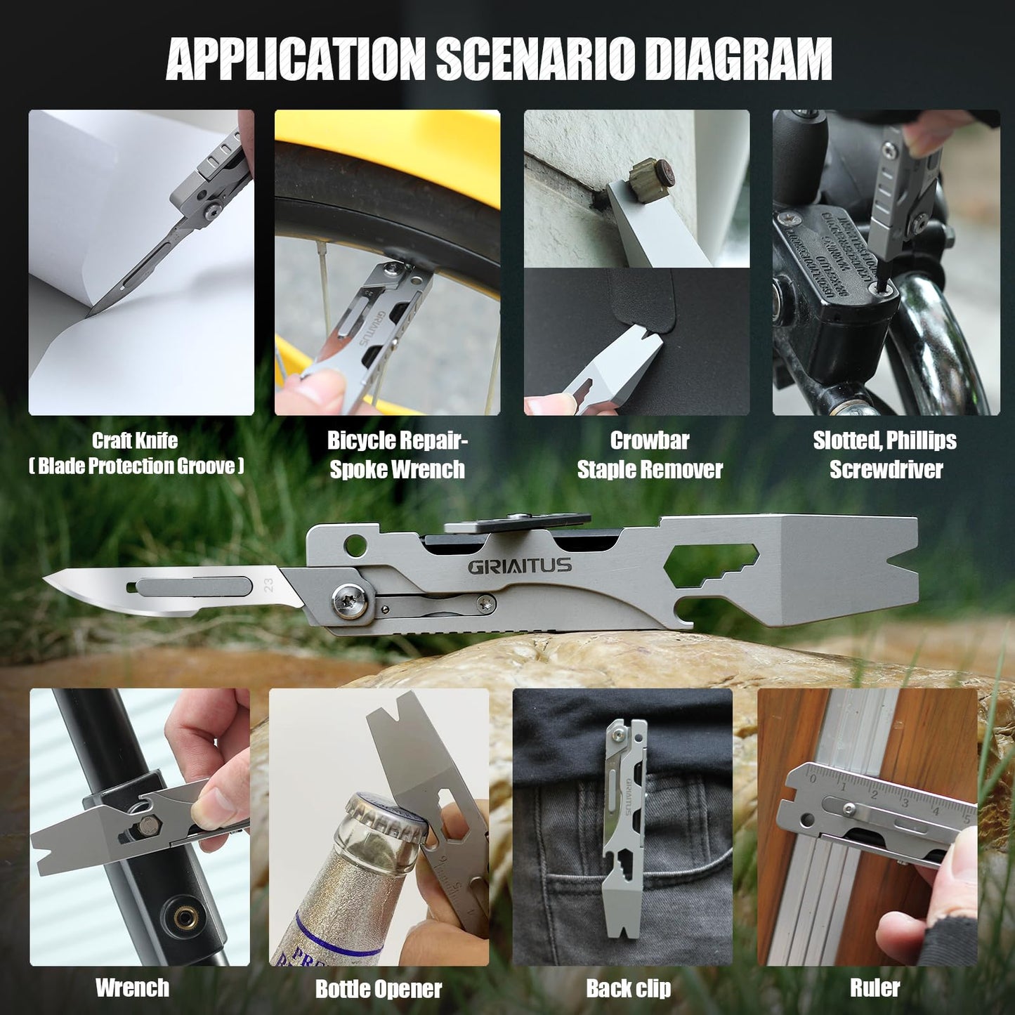 Multitool Pry Bar Wrench Tool with Flat/Phillips Screwdriver Folding Multi-tool Box Cutter Blade Knife, Bottle Opener, Steel Handle, Everyday Carry, Cycling, Camping EDC Pocket Gadget Gifts for Men