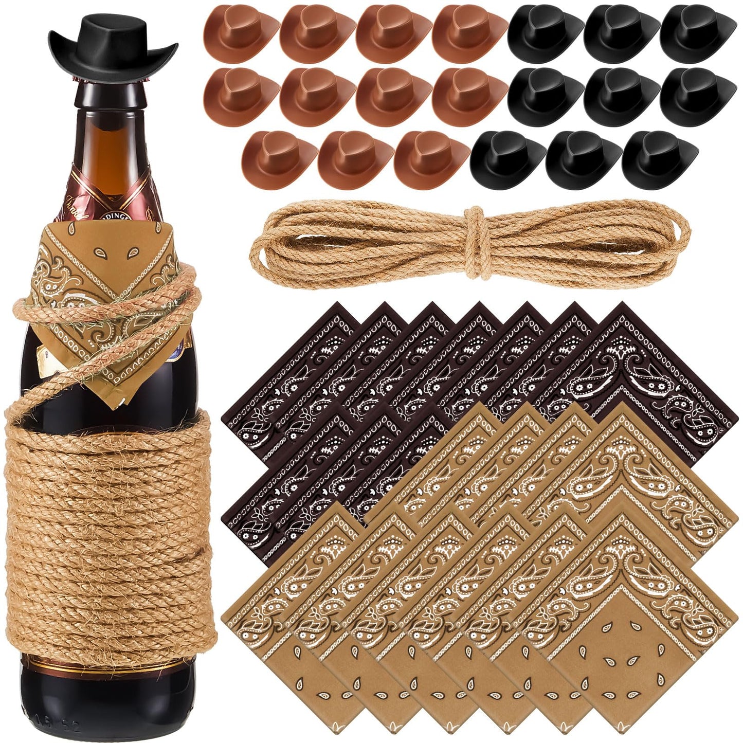 Leitee 20 Sets Mini Cowboy Hats for Crafts Plastic Tiny Cowgirl Hat with Bandanas for Western Cowboy Party Decoration(Brown, Black)