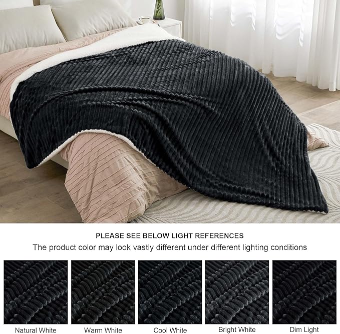 INFIIXSO Sherpa Fleece King Size Blanket - Super Soft & Warm Striped Fleece Blanket, Cozy Plush Fluffy Large Bed Blanket All Season Use (Black, 104x90 Inches)
