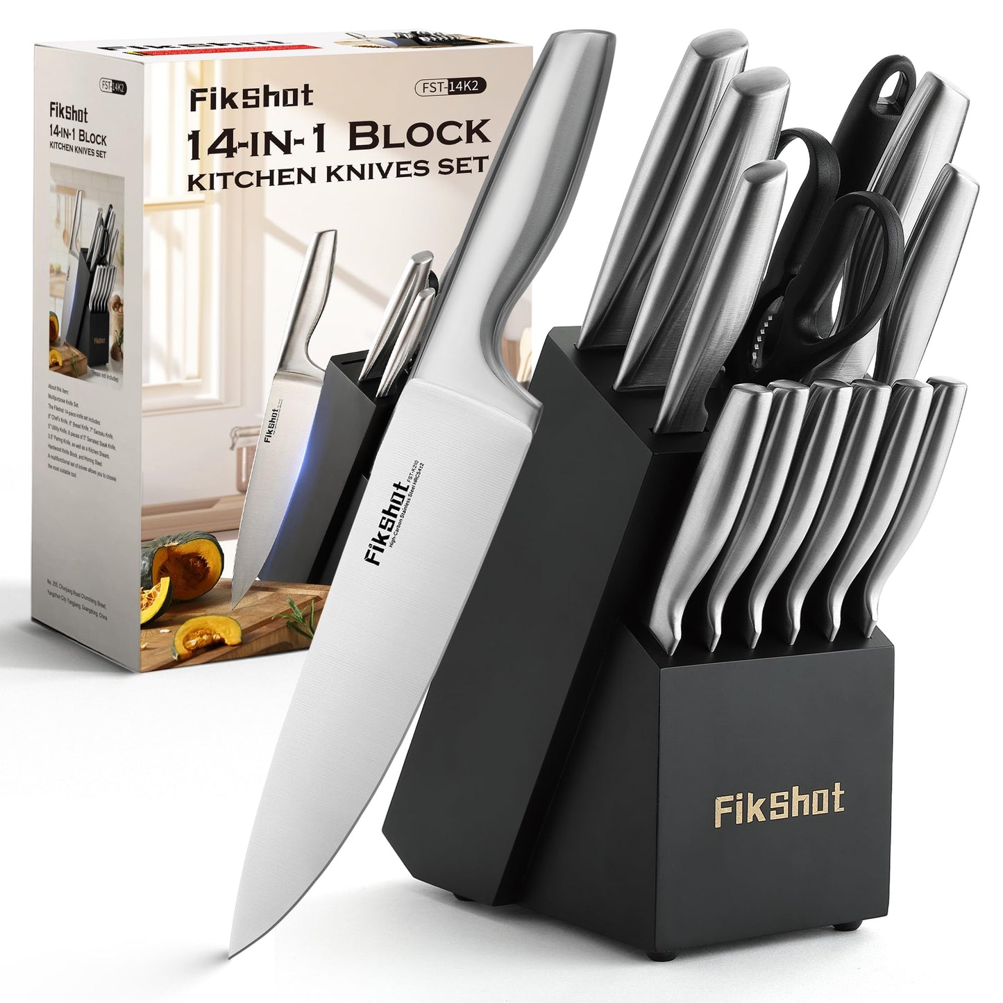 FIKSHOT Kitchen Knife Set, German Stainless Steel kitchen knives – Includes Knife Block Set & Sharpener, High Carbon, Rust-Resistant, Ergonomic Handle for Cooking, Grilling & Gifting
