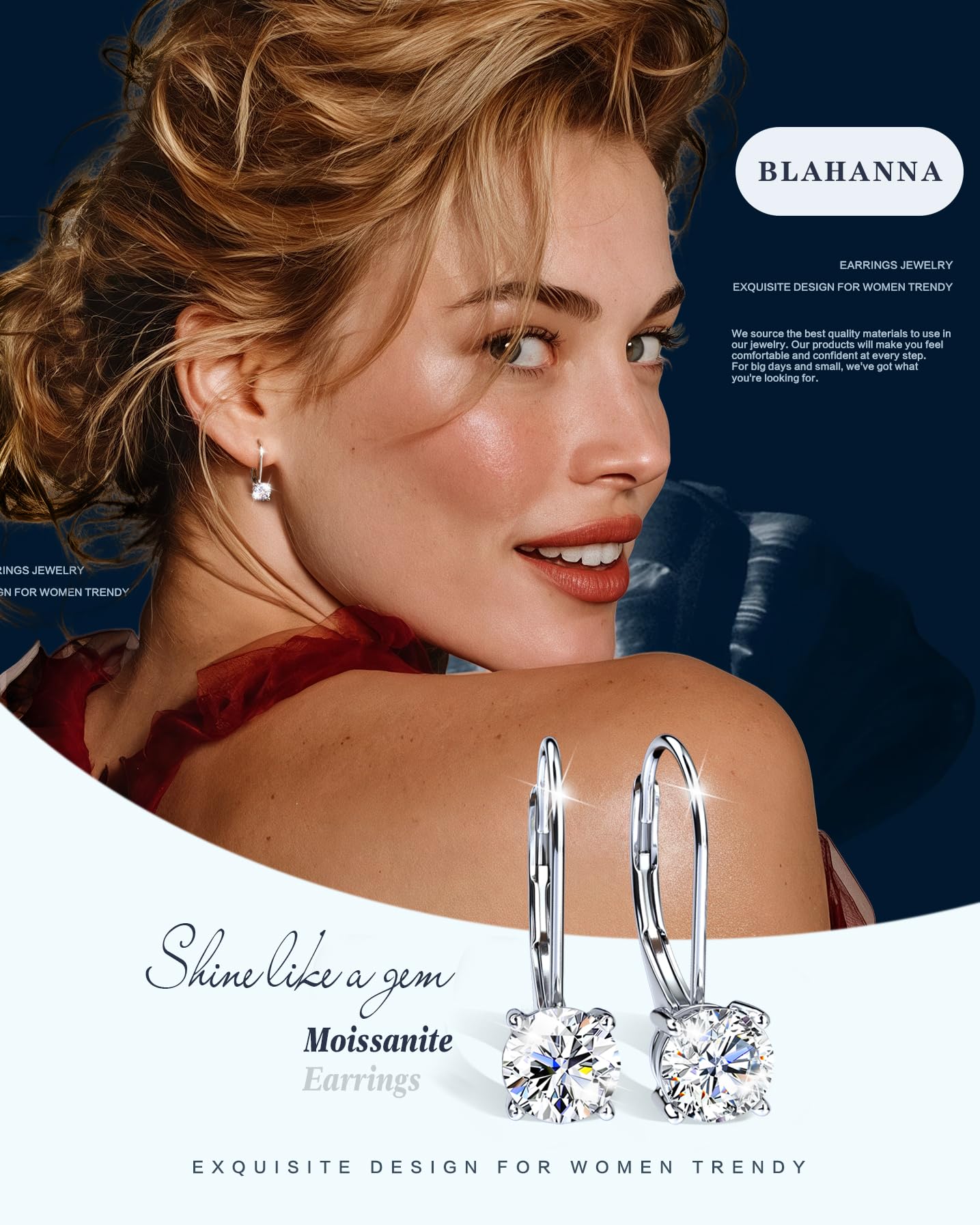 Blahanna Moissanite Earrings,1.0ct-2.0ct D Color Brilliant Round Cut Earrings S925 Sterling Silver Dangle Earrings Moissanite Leverback Drop Earring silver 5mm