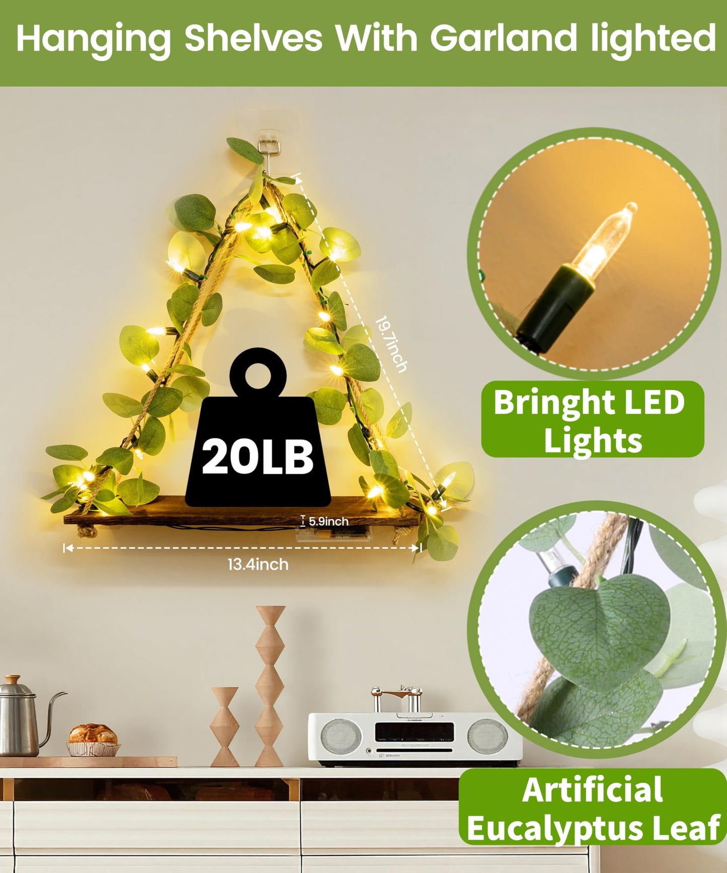 Macrame Hanging Shelf for Wall Decoration with Eucalyptus Lighted Garland,2 Pack Boho Hanging Shelves&Greenery Eucalyptus Garland with Lights for Bedroom Living Room Boho Wall Décor, Wedding Décor