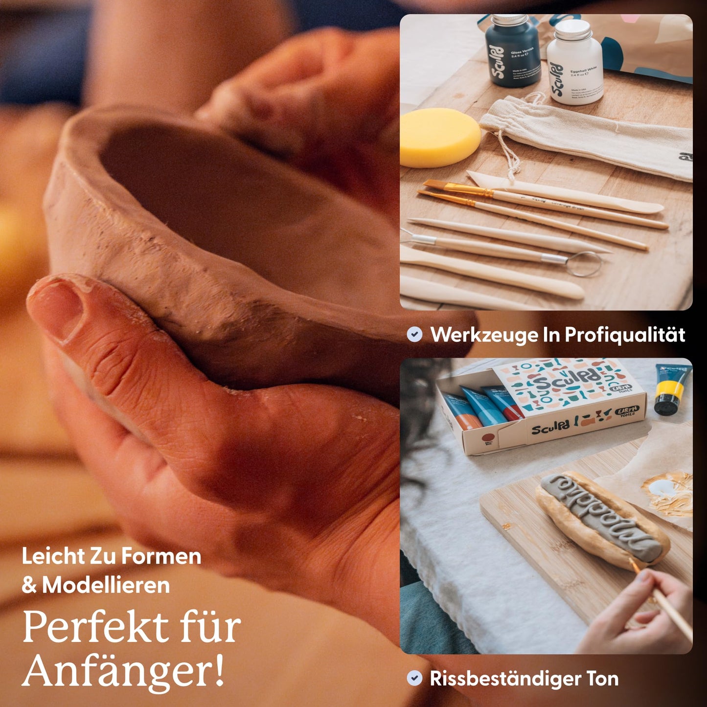 Sculpd - The Original Pottery Kit for Adults - Air Dry Clay for Adults, Tools, Varnish, Paints, Brushes, Couples Date Night Arts & Crafts Set, Gloss Varnish with Classic Tones