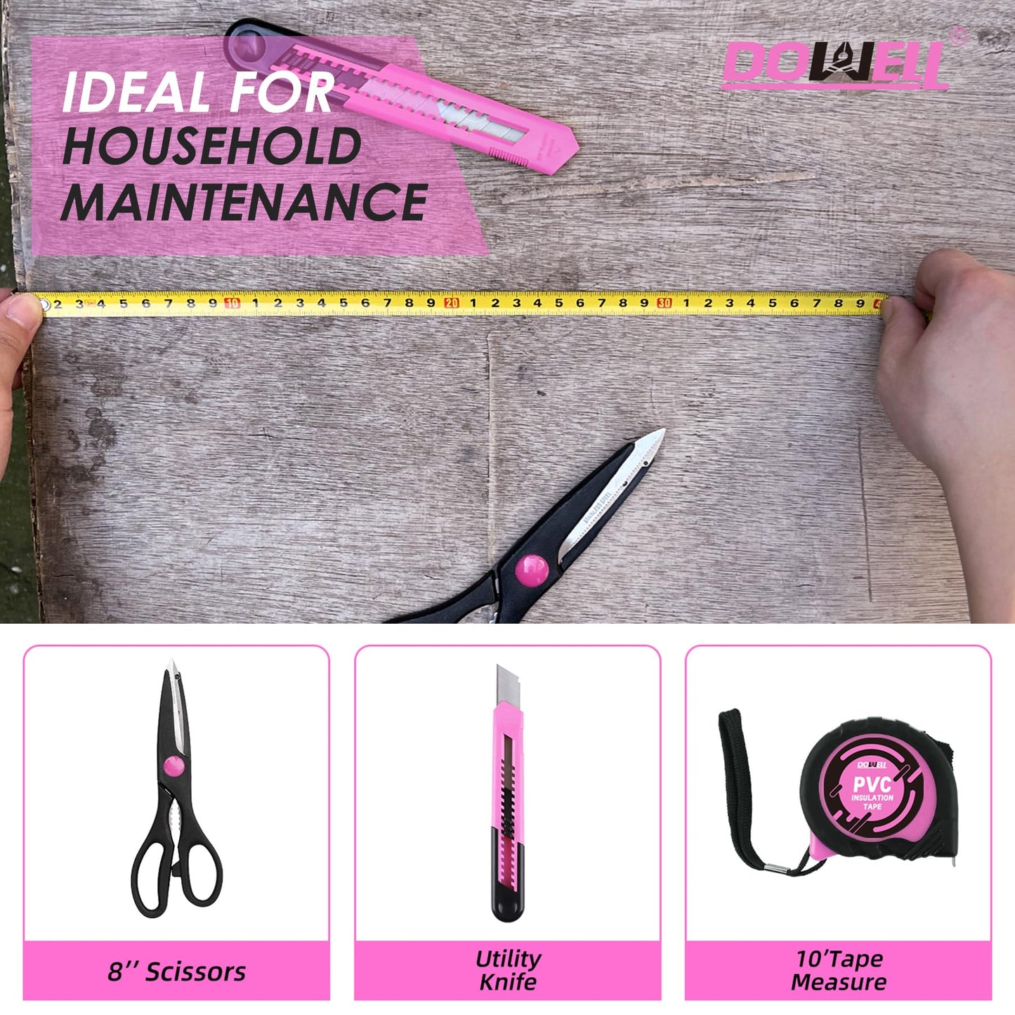DOWELL 40 Pieces Home Tool Set Pink, General Household Hand Tool Kit with Plastic Toolbox Storage Case, Mini Repair Tool kit for Women, College Students, Home Use & More