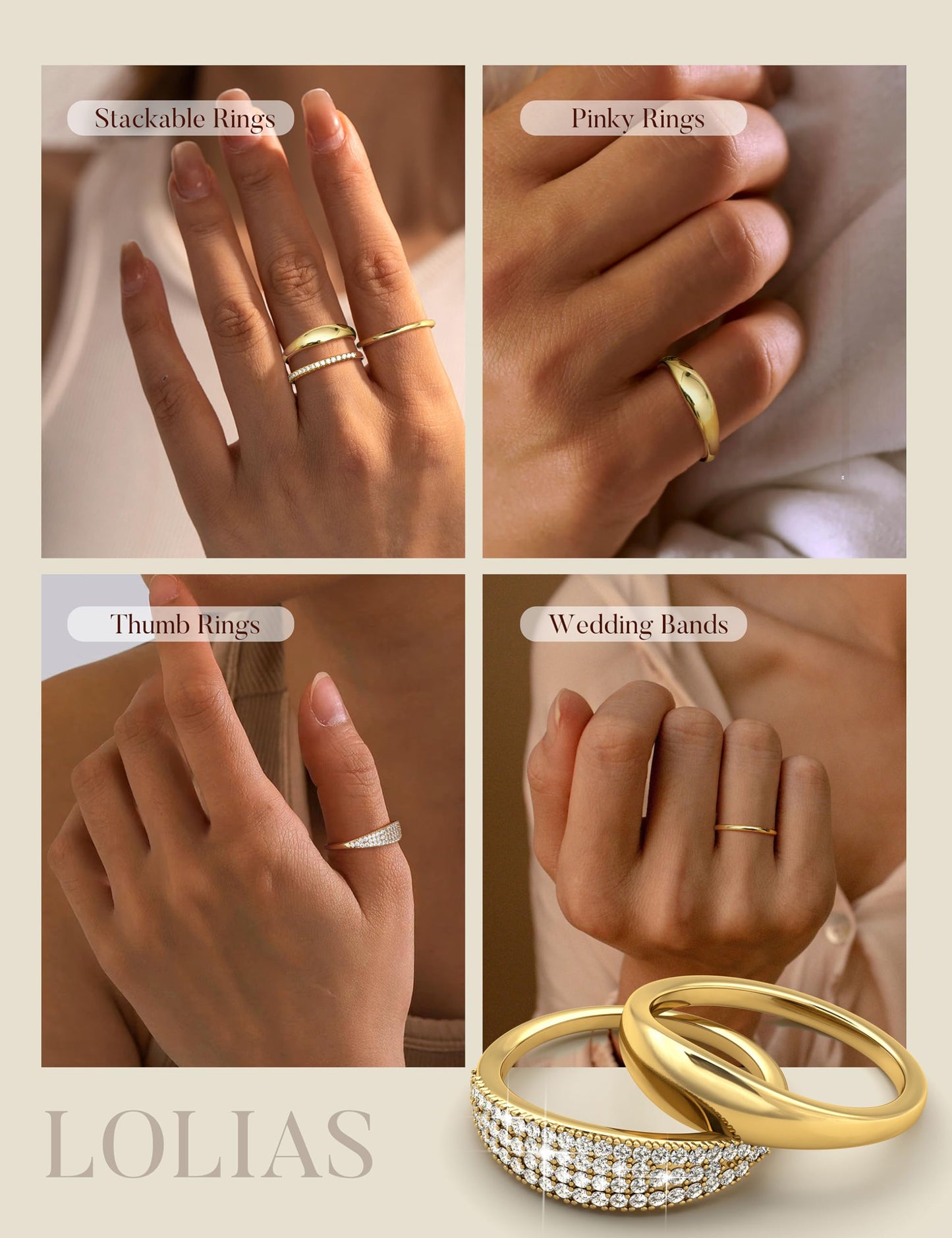 LOLIAS 14K Gold Plated Stackable Rings for Women Non Tarnish - Dainty Cubic Zirconia Wedding Bands Ring Set Minimalist Trendy Statement Engagement Promise Thumb Rings Stacking Size 5-10 Unique Size 10