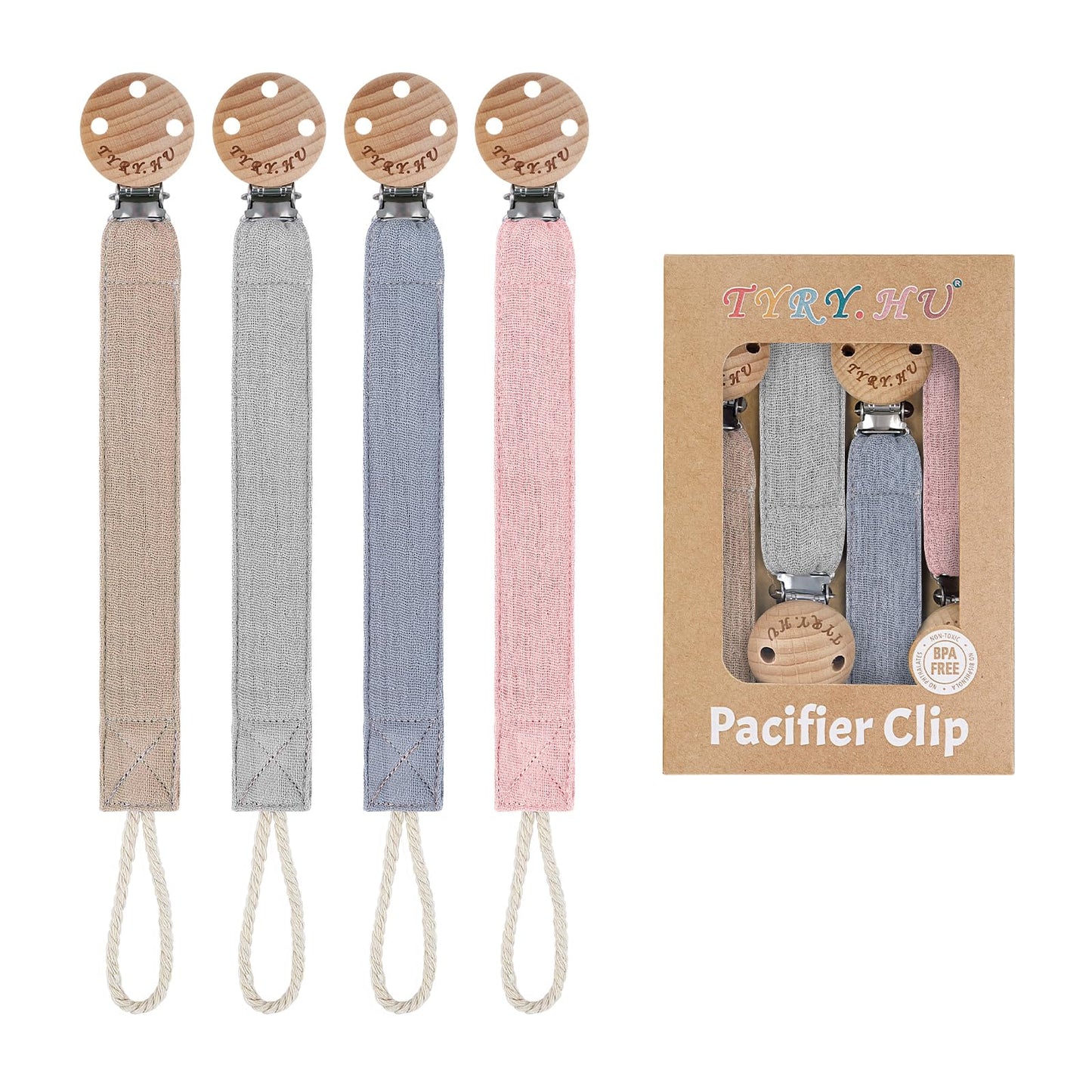 TYRY.HU Ribbon Pacifier Clip Holder,4 Pack Binky Paci Holder Clips, Pacifier Leash for Boys and Girls,Fabric Pacifier Strap Universal Fits for Most Pacifier, Styles & Teethers(Khaki,Grey,Blue,Pink)