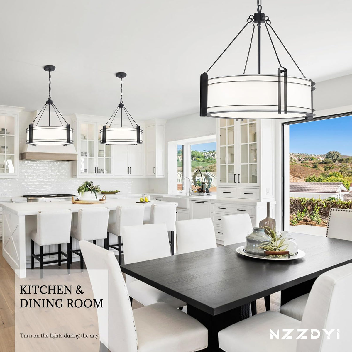 20.4''Drum Chandelier,5-Light Fabric Modern Chandeliers,Black Farmhouse Round Pendant Light Fixture for Dining Room Kitchen Island Living Room Bedroom Hallway
