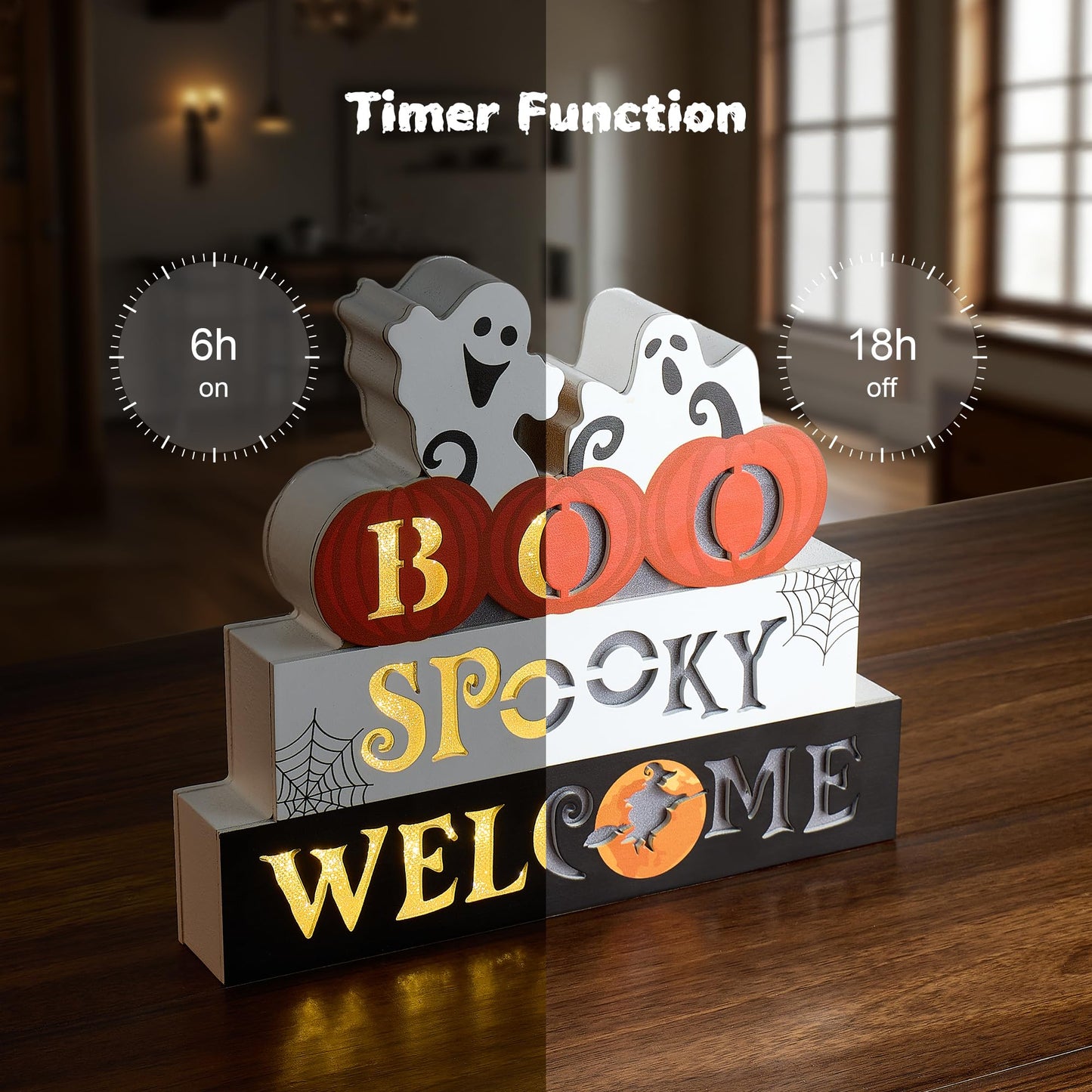 WBao Halloween Decorations Indoor 9.4inch Premium Wooden Block Set with Glowing 3D Letters, Timer, Battery Powered Rustic Farmhouse Centerpiece for Home, Table, Mantel, Shelf Halloween Party Decor
