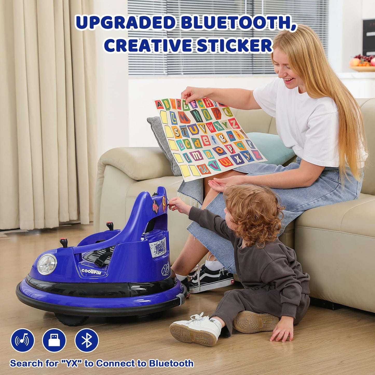 ELEMARA Bumper Car, 1.9MPH Max, 12V Electric Car for Kids W/Parent Remote, Bluetooth Ride on Toys, Ride on Car W/2-Speed, 2 Driving Mode, 360°Spin, Music,5 Lighting Mode, DIY Stickers, Blue