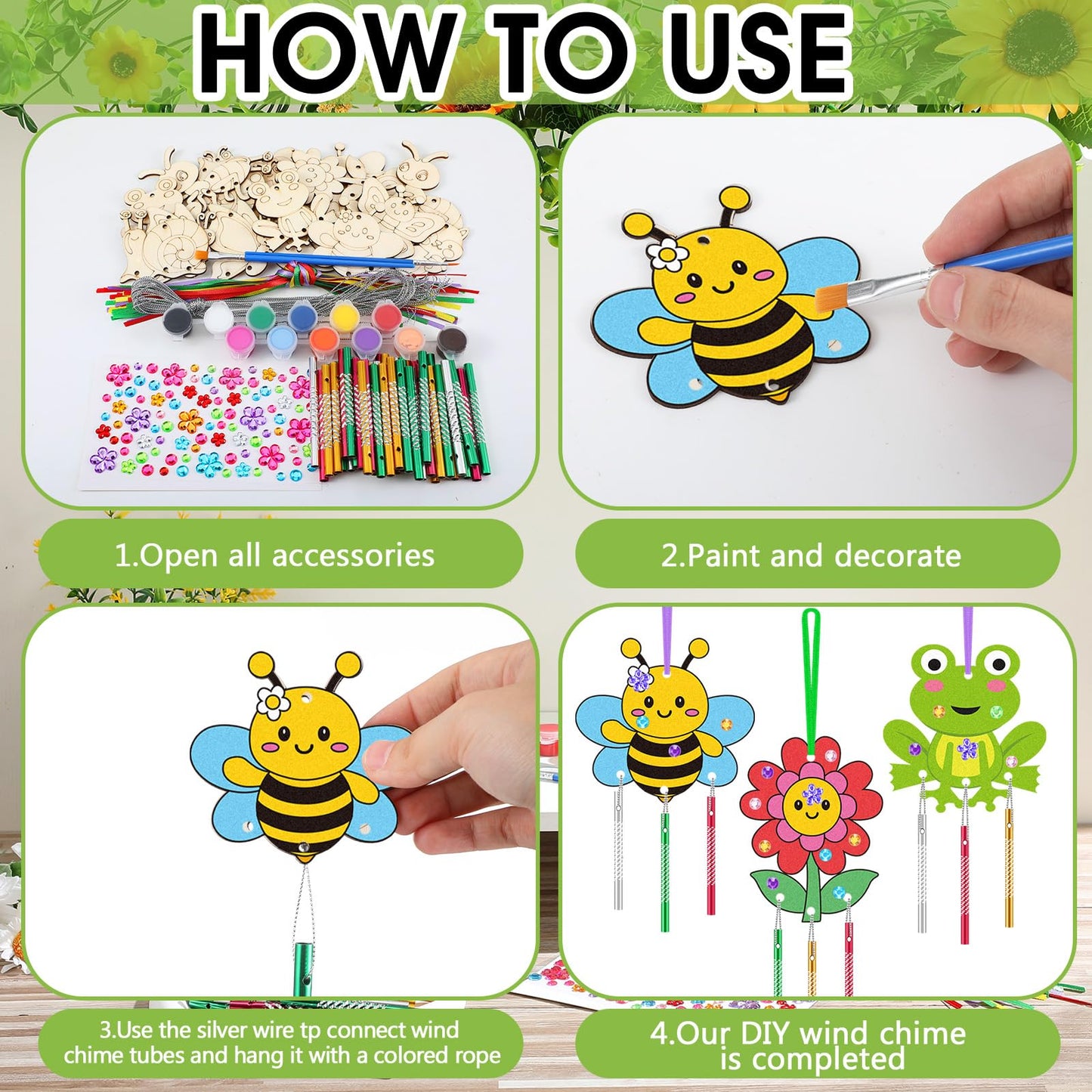 JellyArch 30 Pcs Spring Wind Chime Making Kit, DIY Wooden Spring Insect Craft Wind Chimes with Paint & Stickers, Craft Activity Creative for Church Party Windows Decoration